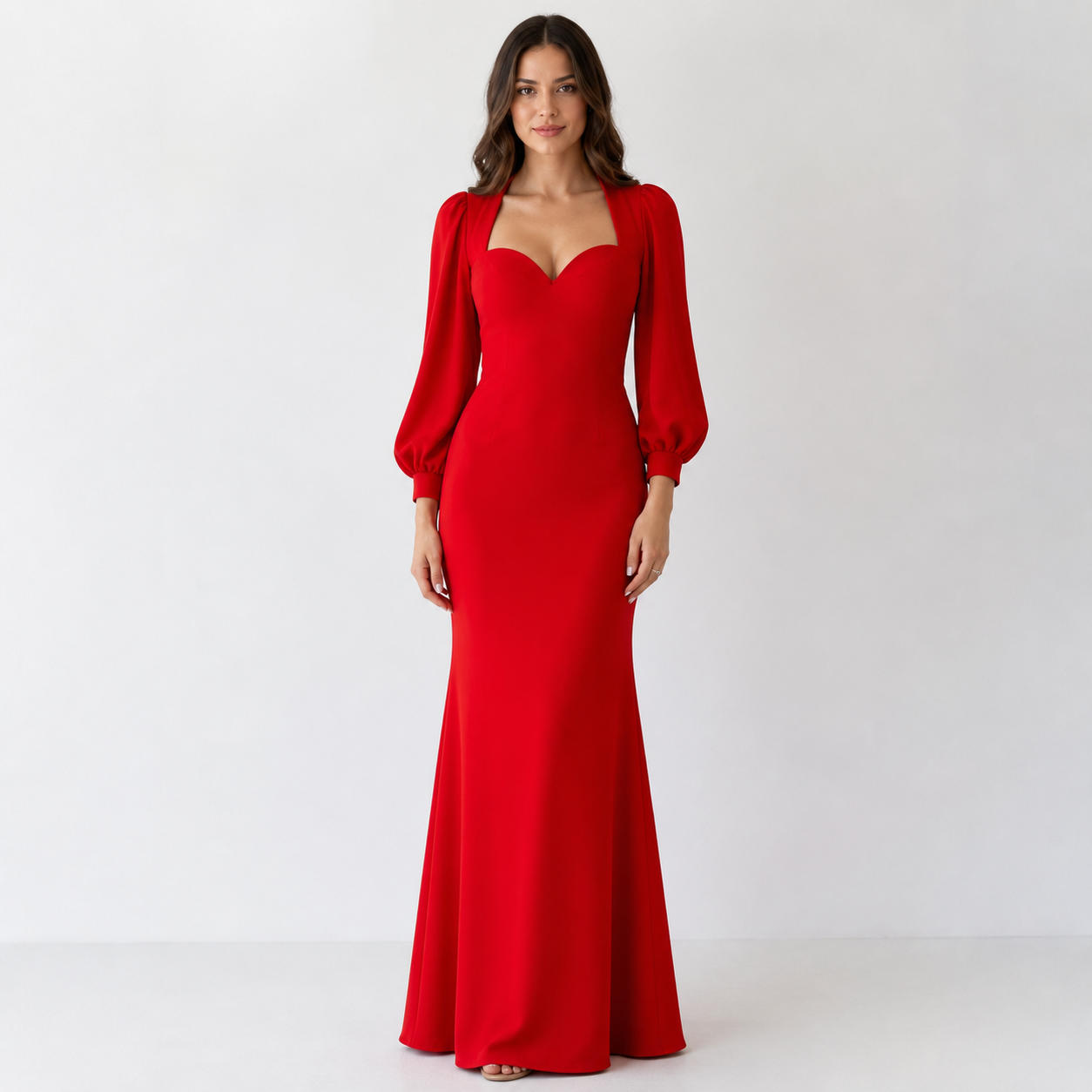 Sweetheart Neckline Evening Gown with Long Bishop Sleeves