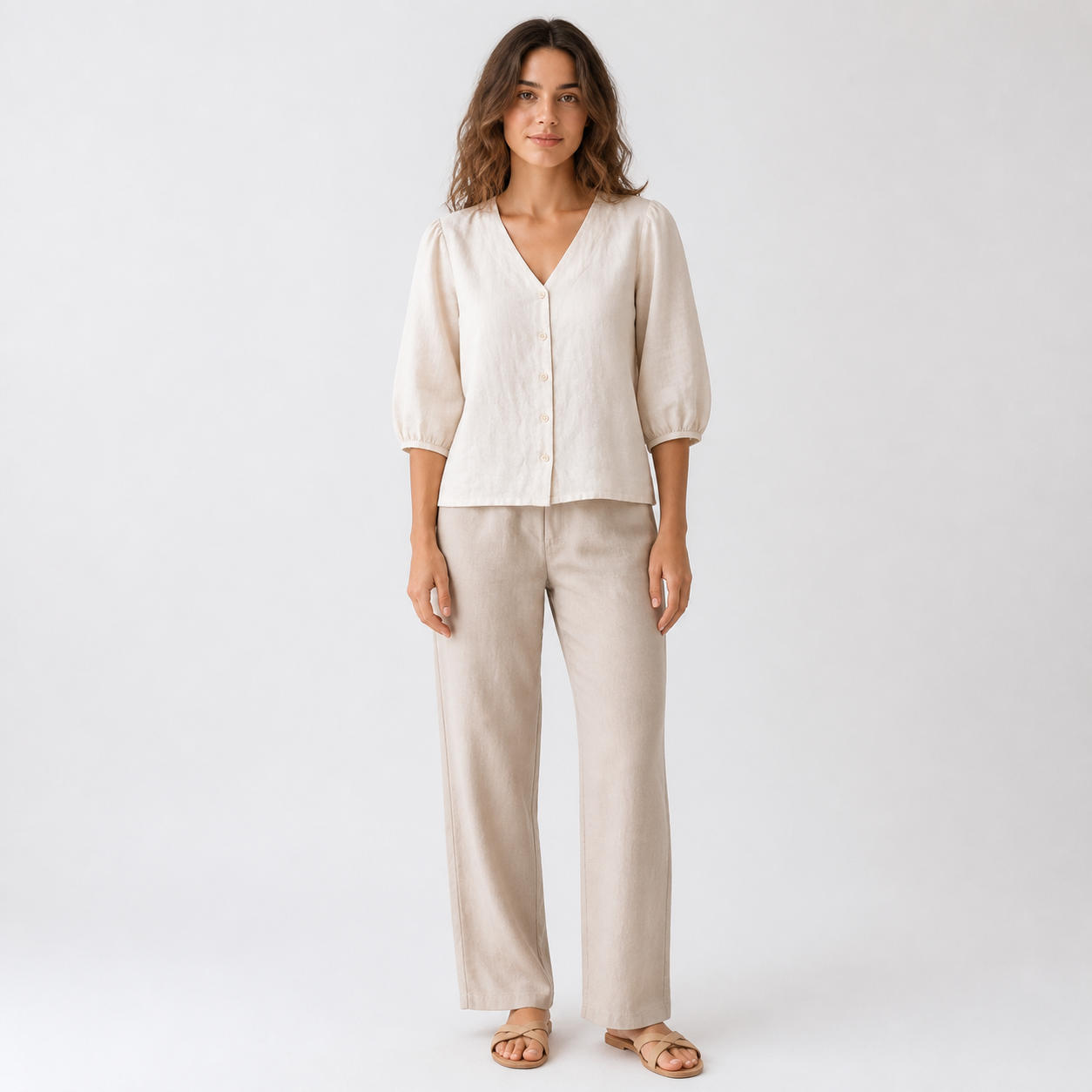 Relaxed Fit Linen Button-Up Blouse with V-Neck and Bishop Sleeves