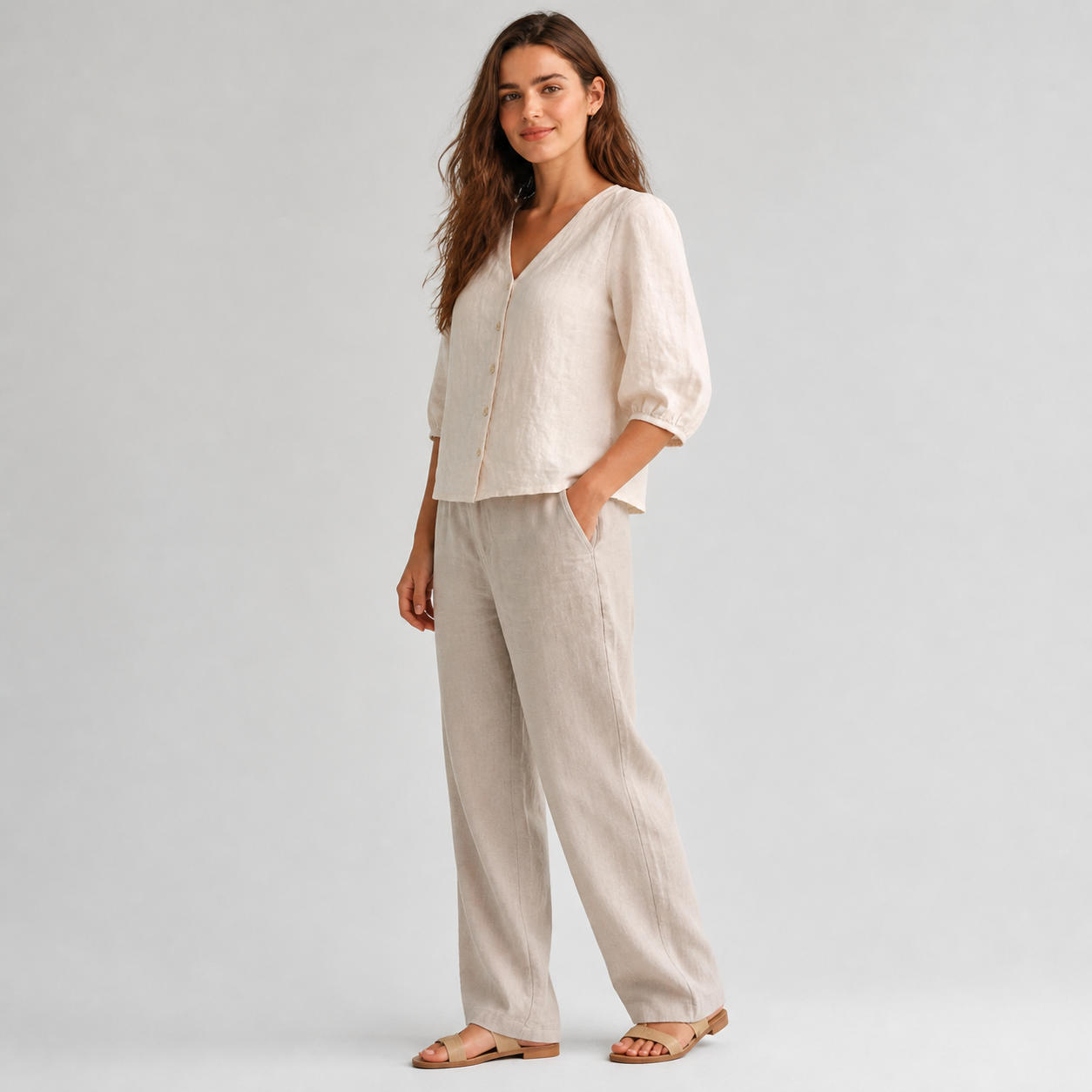 Relaxed Fit Linen Button-Up Blouse with V-Neck and Bishop Sleeves – view 3