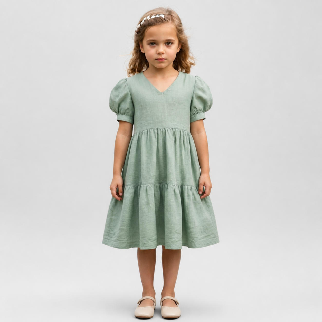 Rustic Tiered Linen Dress with Bishop Sleeves