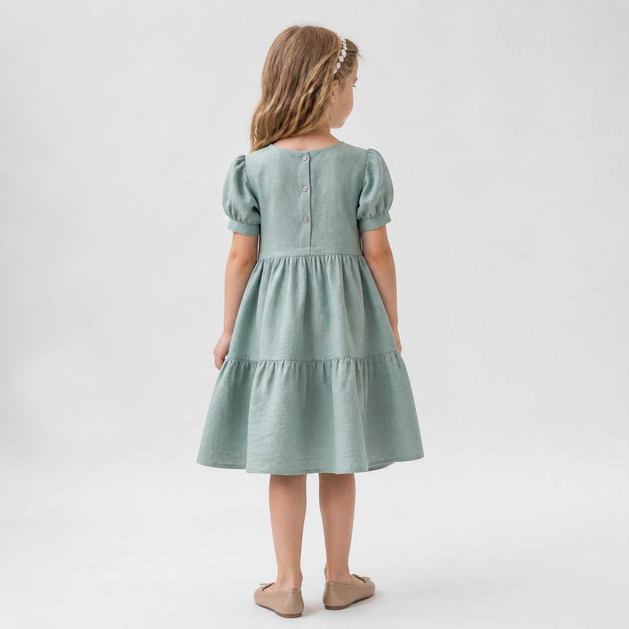 Rustic Tiered Linen Dress with Bishop Sleeves – view 2