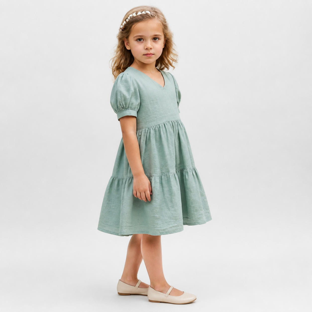 Rustic Tiered Linen Dress with Bishop Sleeves – view 3