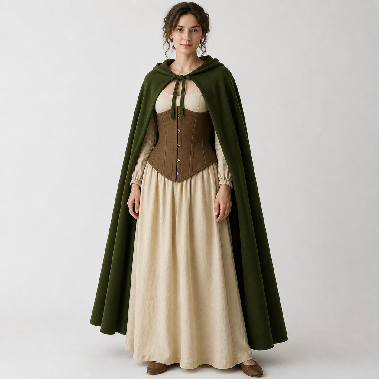 Medieval Cottagecore 3-Piece Set with Dress, Underbust Corset, and Cloak