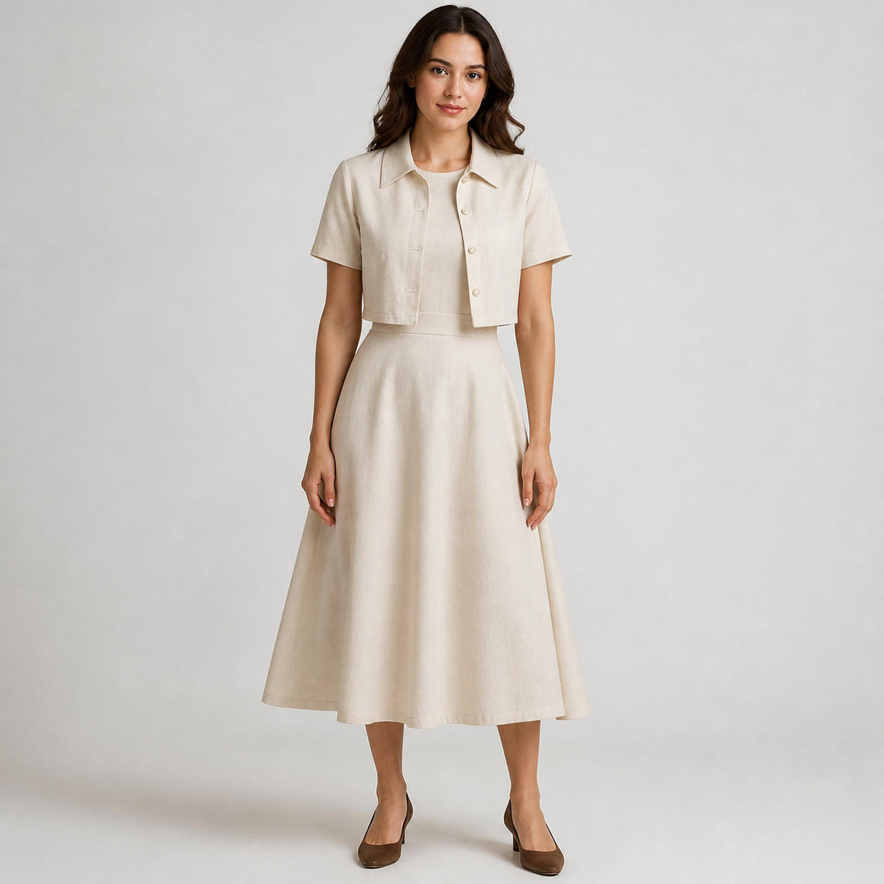 Two-Piece Set with A-Line Midi Dress and Cropped Buttoned Top