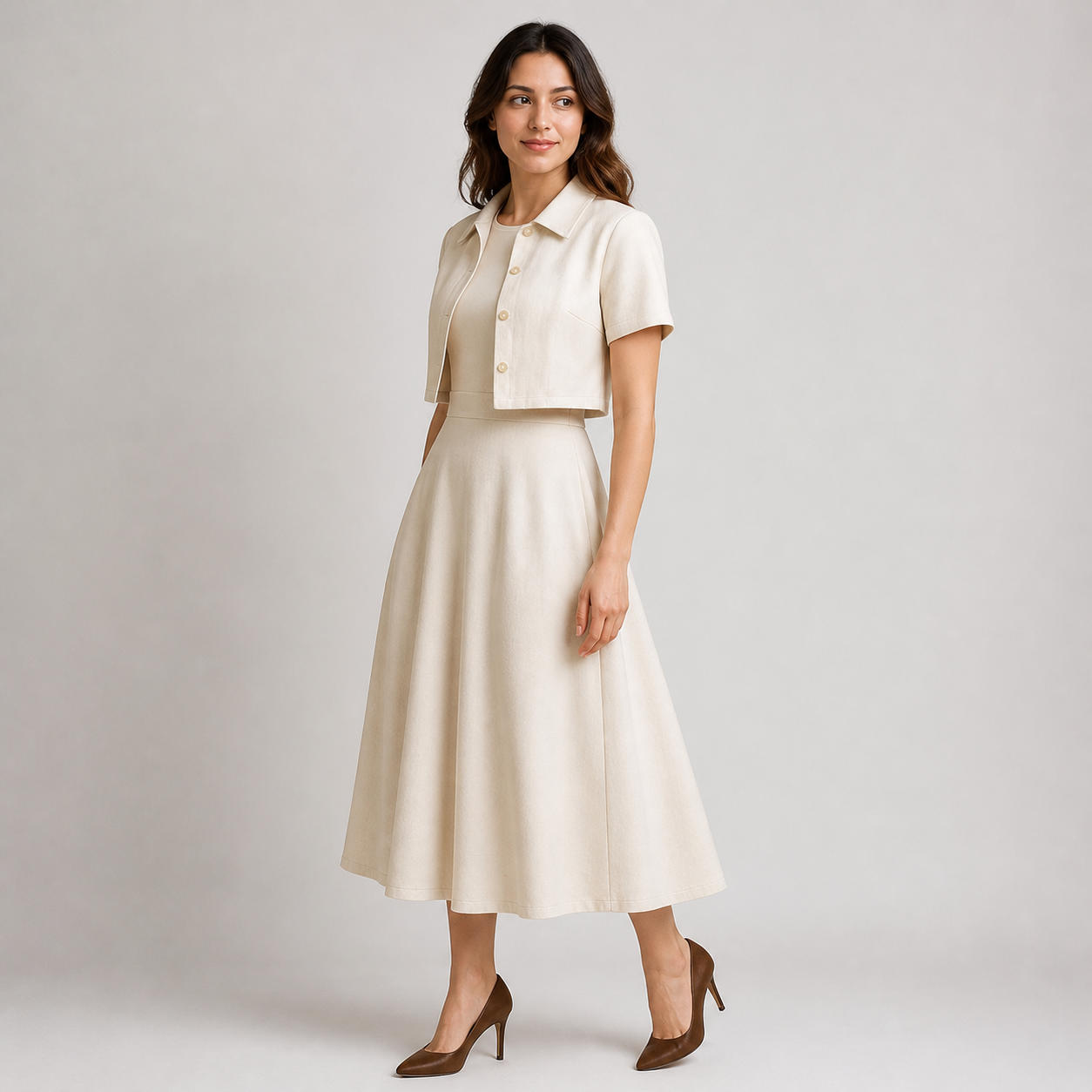 Two-Piece Set with A-Line Midi Dress and Cropped Buttoned Top – view 3
