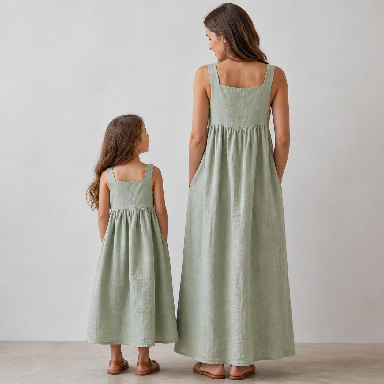 Mother and Daughter Matching Square Neck Linen Dress Set – view 2