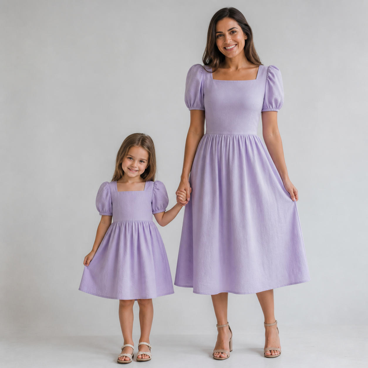Mommy and Me Matching Bishop Sleeve Linen Dress Set