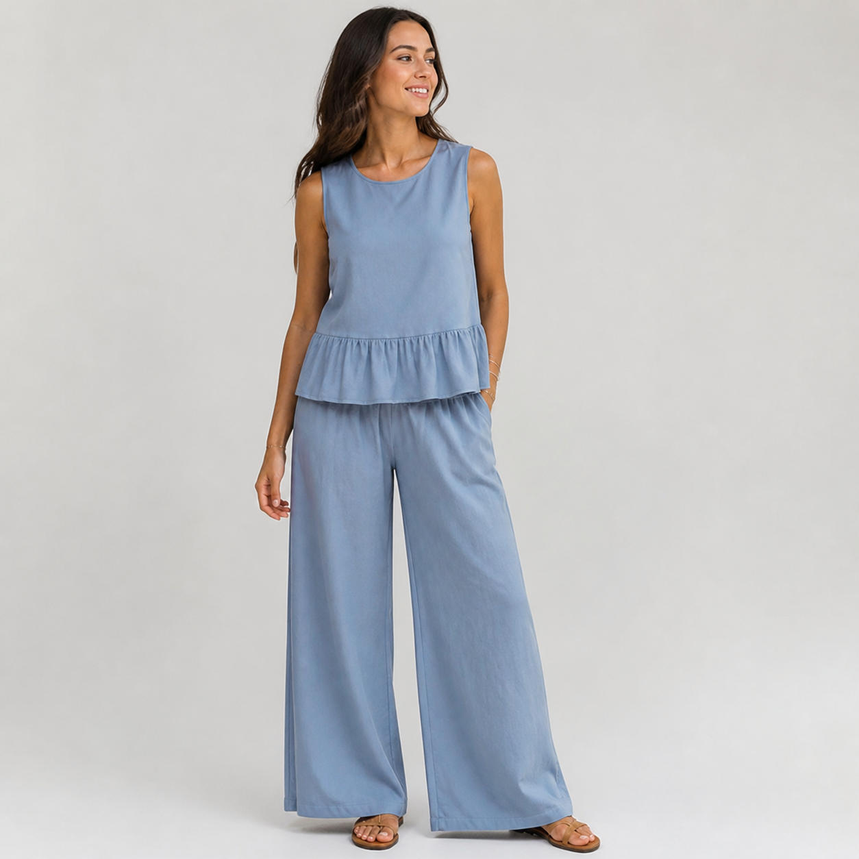 Two-Piece Set with Back-Button Peplum Top and Wide-Leg Pants