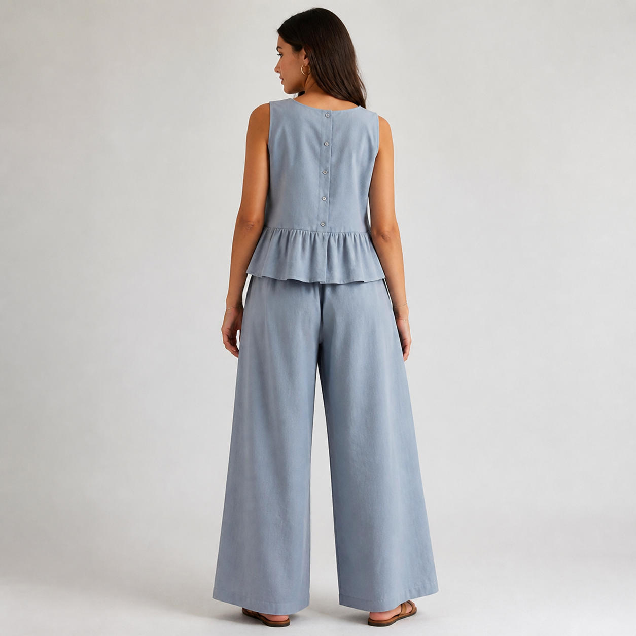 Two-Piece Set with Back-Button Peplum Top and Wide-Leg Pants – view 2
