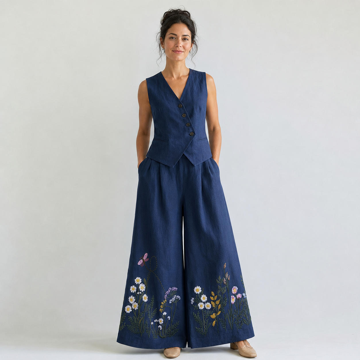 Linen Suit Set with Asymmetrical Vest and Wide-Leg Palazzo Pants