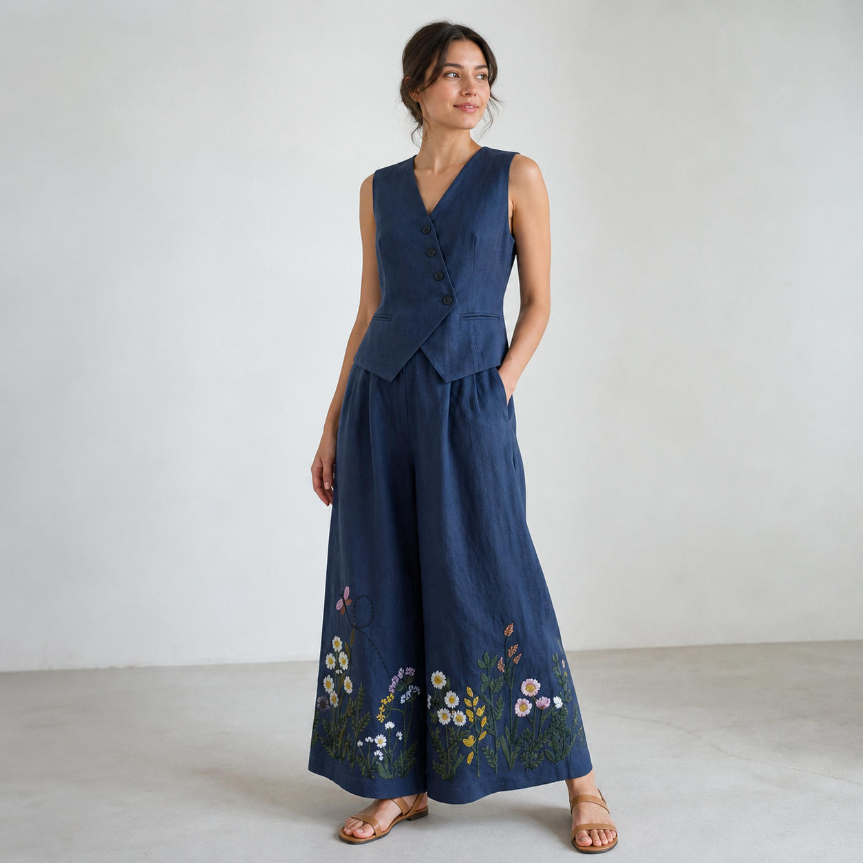 Linen Suit Set with Asymmetrical Vest and Wide-Leg Palazzo Pants – view 3