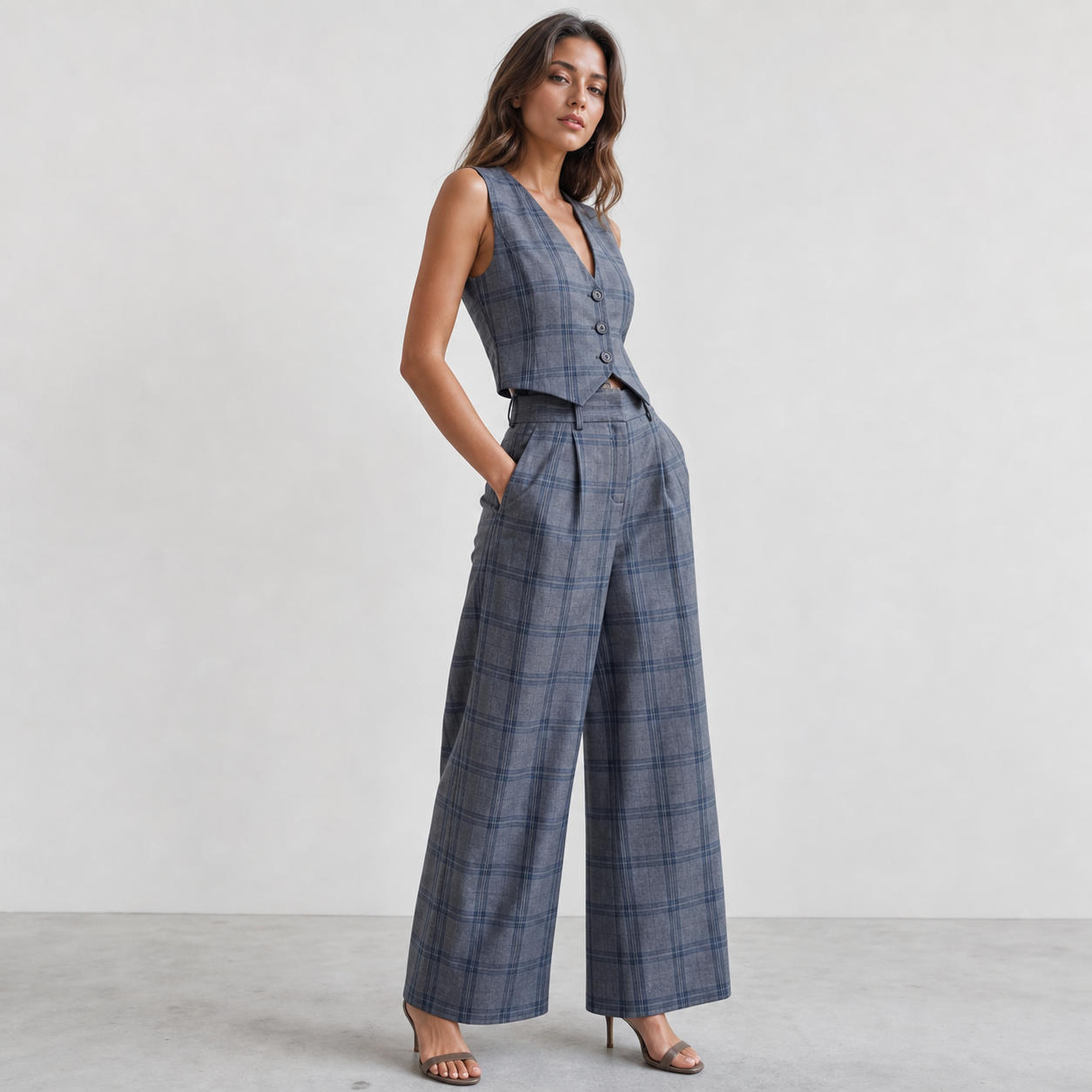 Plaid Tailored Cropped Vest and Wide-Leg Palazzo Pants Set – view 3