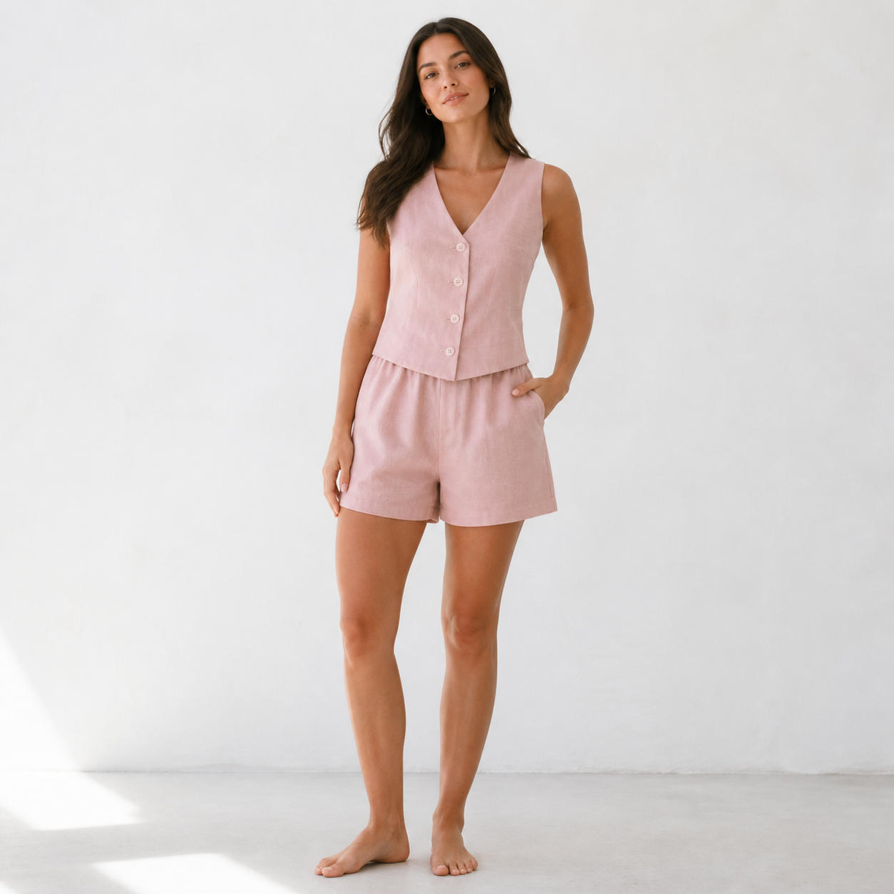 Linen V-Neck Buttoned Vest and Elastic Waist Shorts Set