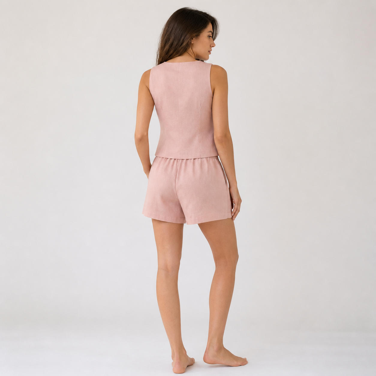 Linen V-Neck Buttoned Vest and Elastic Waist Shorts Set – view 2