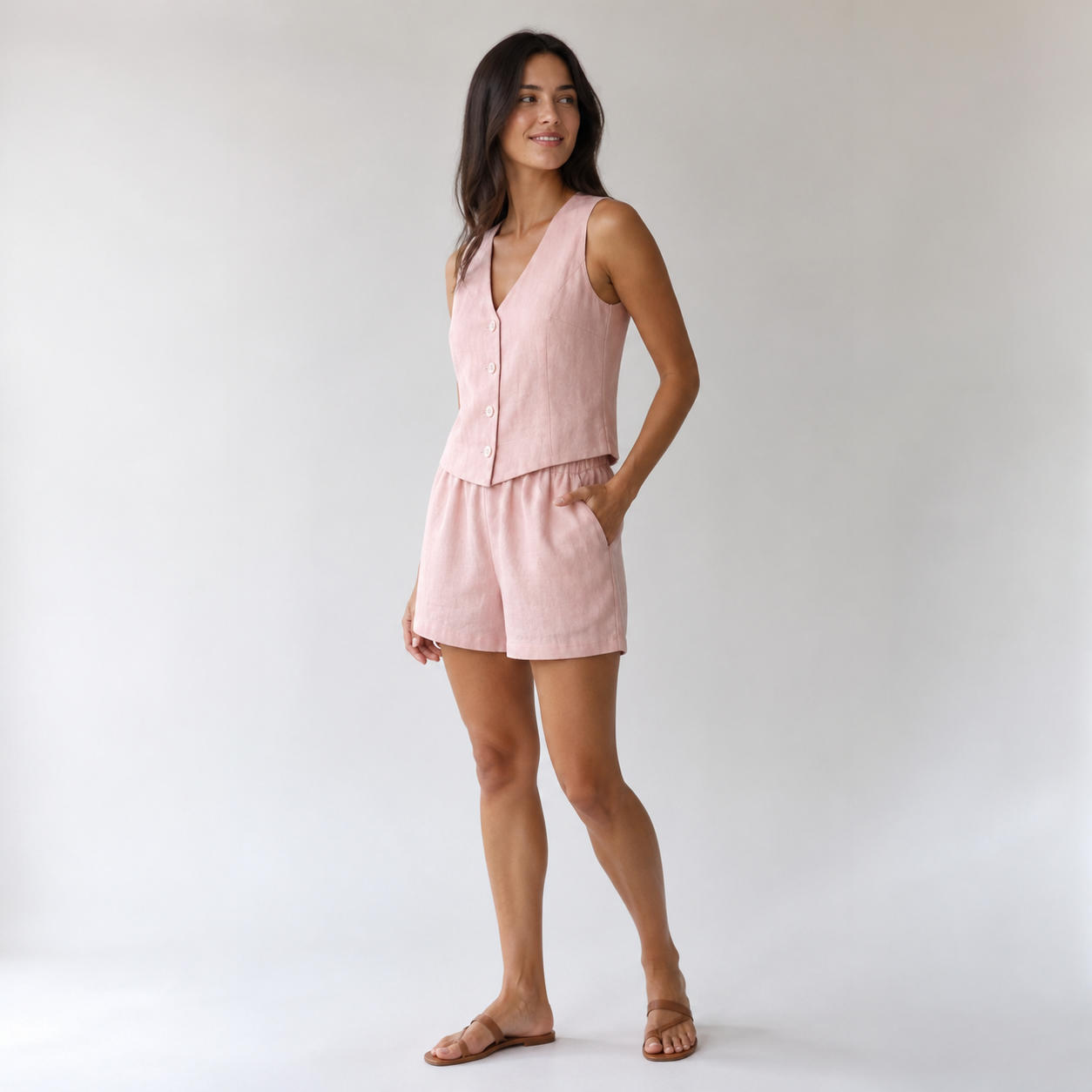 Linen V-Neck Buttoned Vest and Elastic Waist Shorts Set – view 3