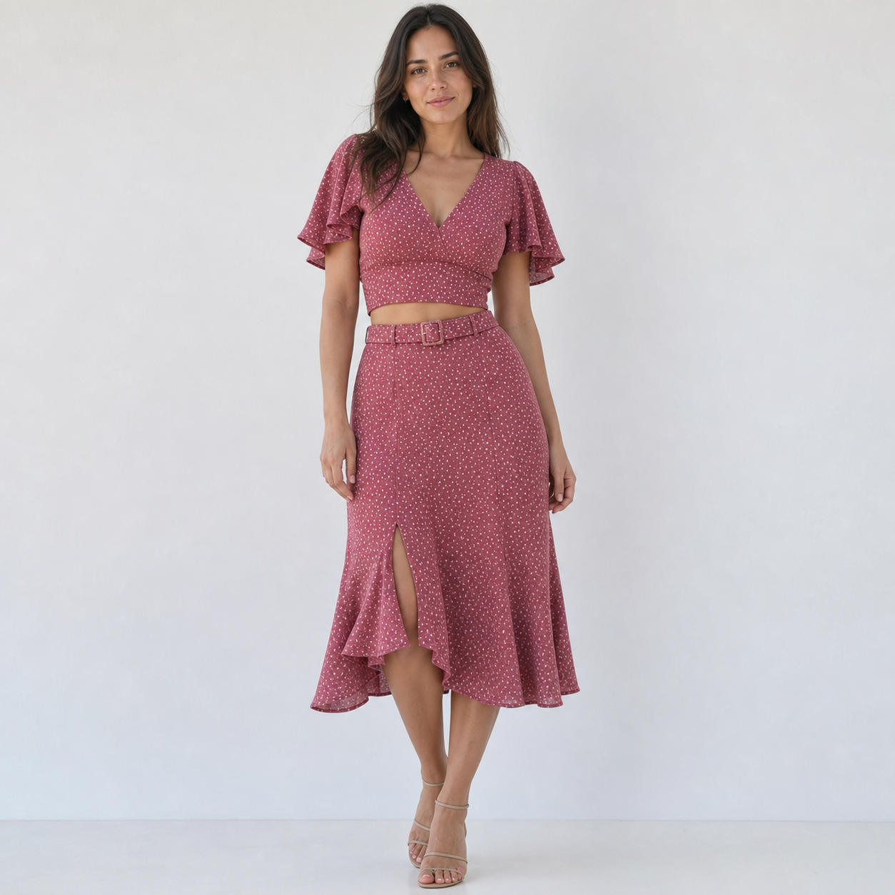 Two-Piece Set with Ruffle Sleeve Top and High-Waisted Maxi Skirt