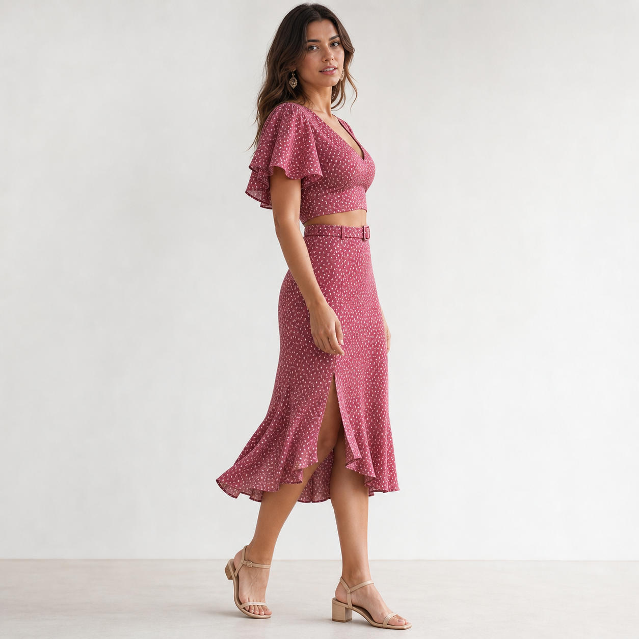 Two-Piece Set with Ruffle Sleeve Top and High-Waisted Maxi Skirt – view 3
