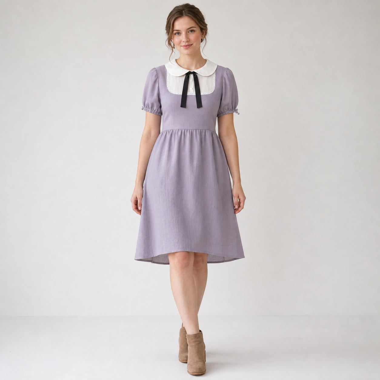 Two-Piece Combo with Peter Pan Collar Top and Bishop Sleeve A-Line Dress