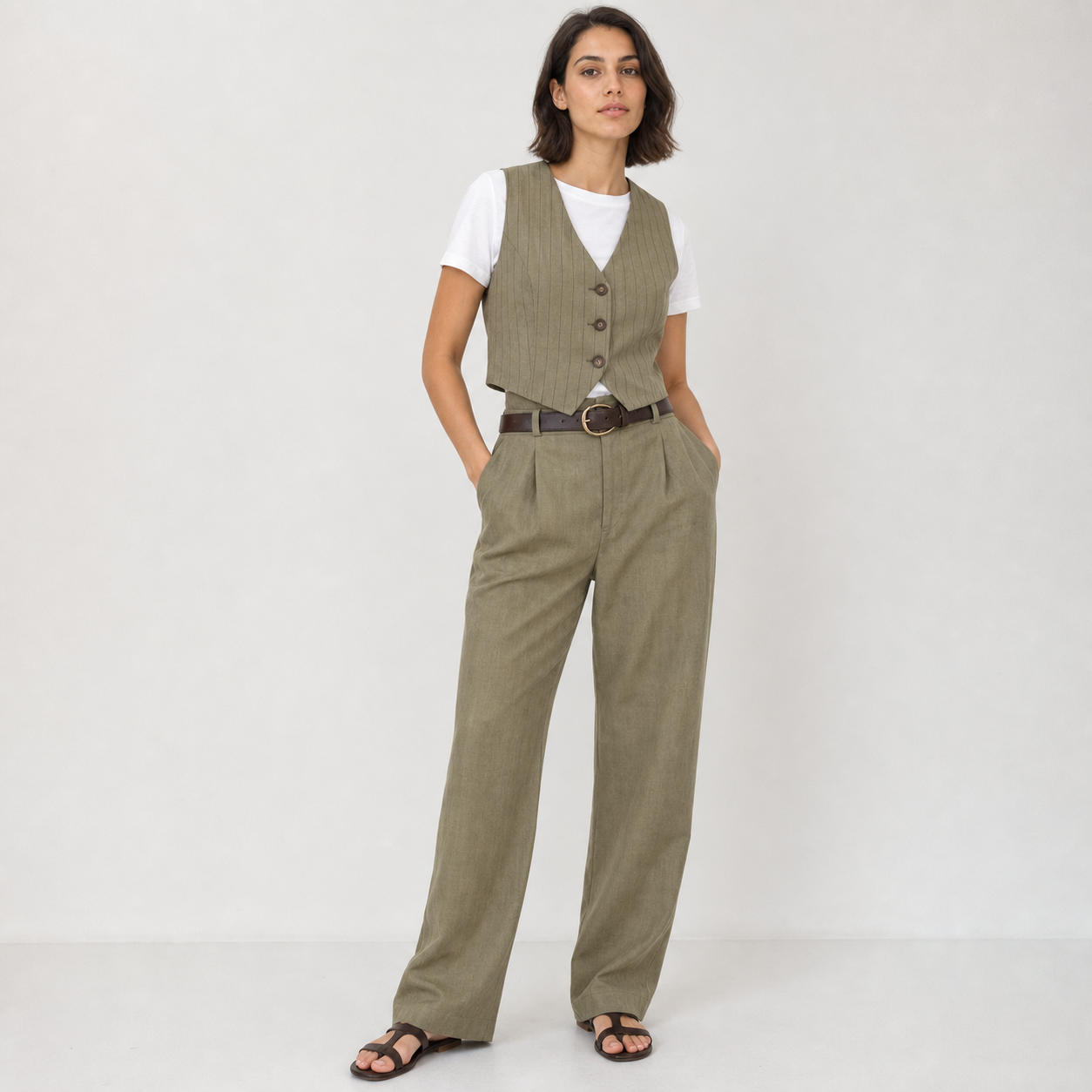 Classic Linen Set with V-Neck Buttoned Waistcoat and Pleated Trousers