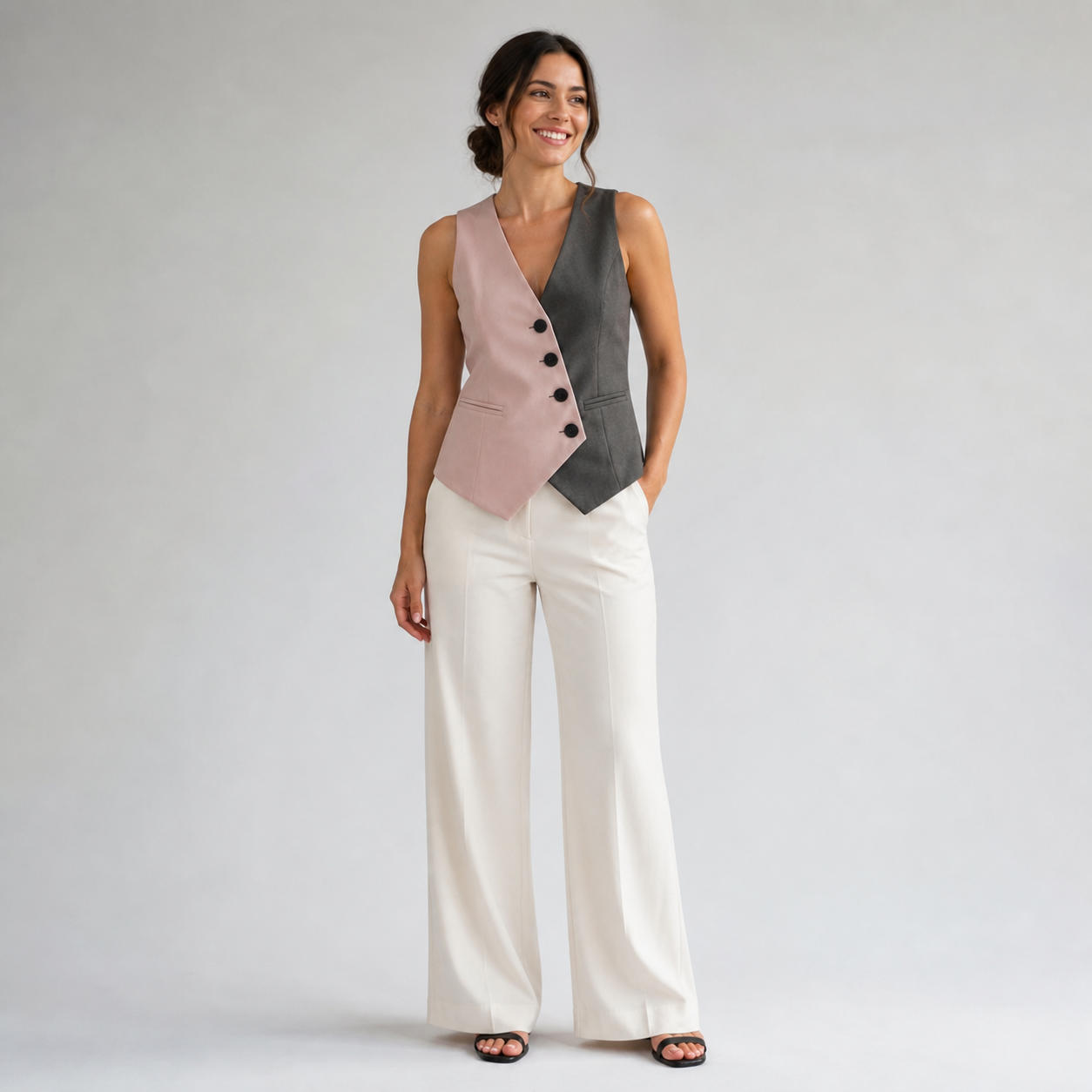 Modern Tailored Suit Set with Asymmetrical Vest and High-Waist Wide-Leg Pants