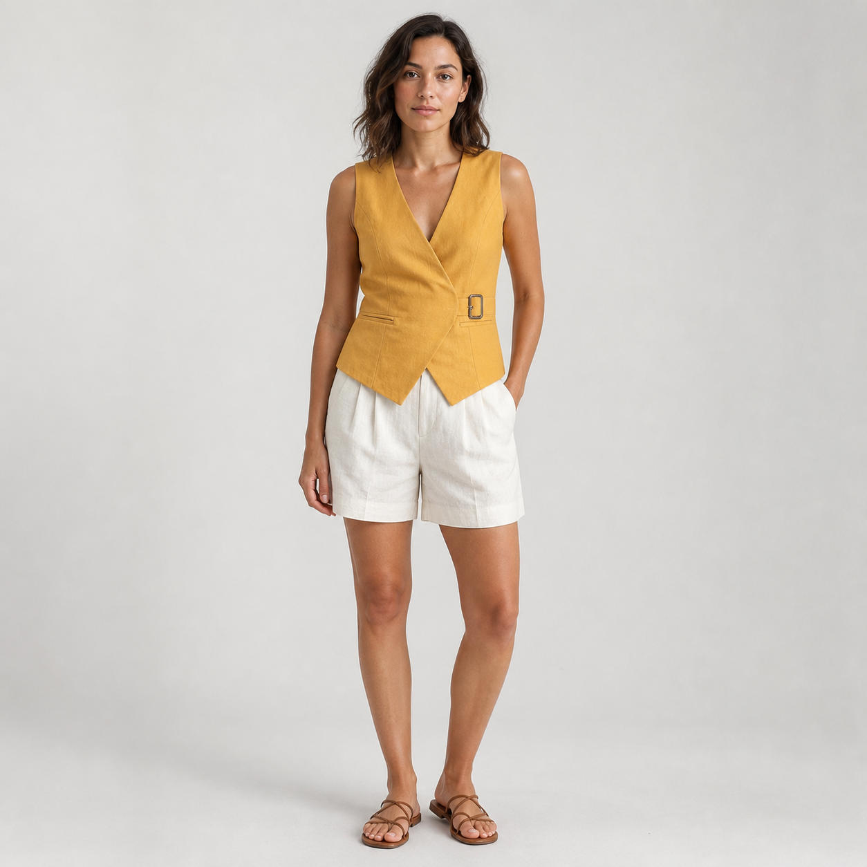 Linen Belted Waistcoat Vest and Pleated Bermuda Shorts Set