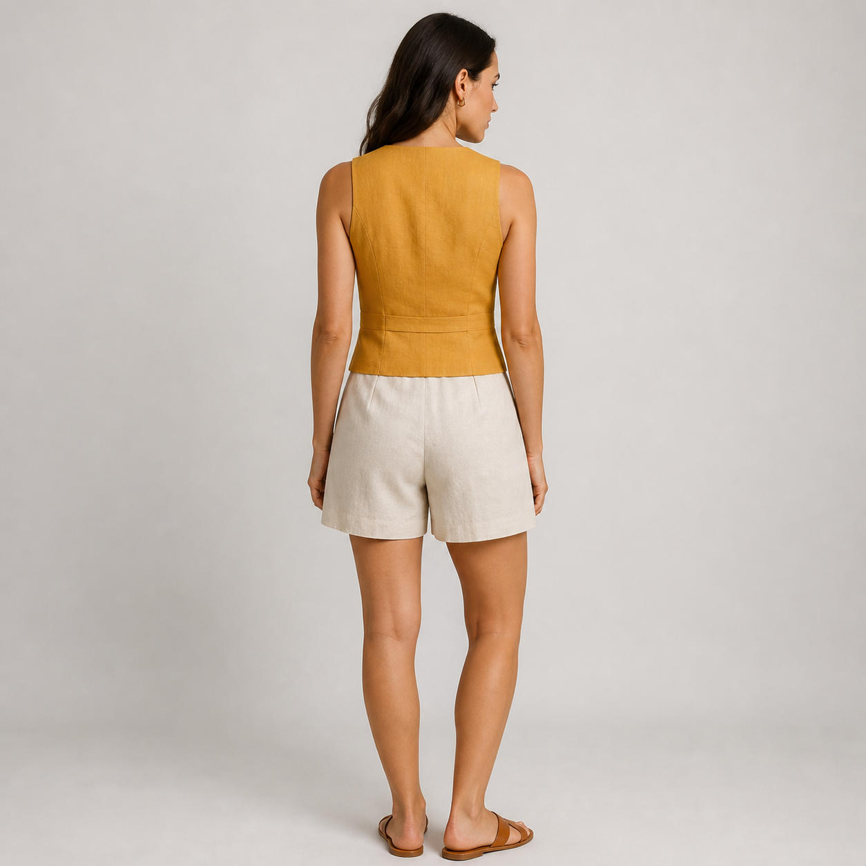 Linen Belted Waistcoat Vest and Pleated Bermuda Shorts Set – view 2
