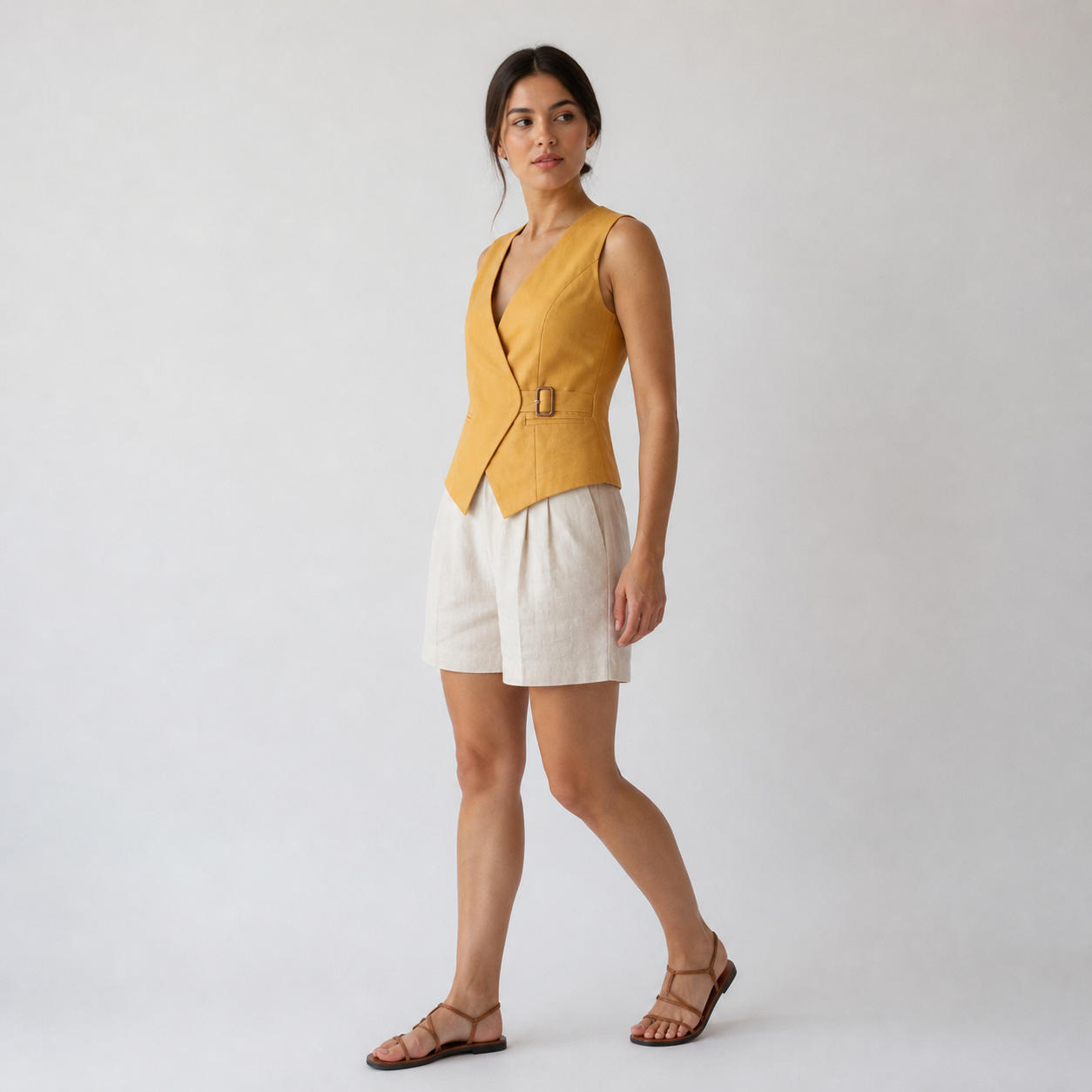 Linen Belted Waistcoat Vest and Pleated Bermuda Shorts Set – view 3