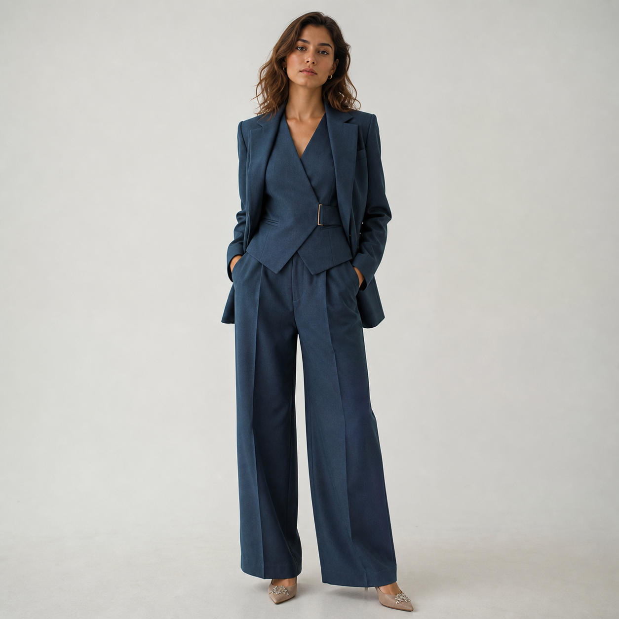 Tailored 3-Piece Suit Set with Blazer Jacket, Belted Vest, and Wide-Leg Pants