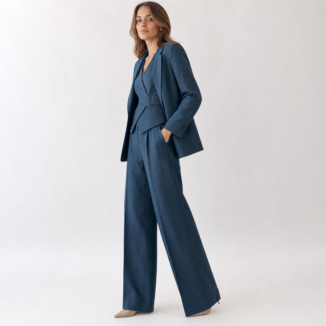 Tailored 3-Piece Suit Set with Blazer Jacket, Belted Vest, and Wide-Leg Pants – view 3