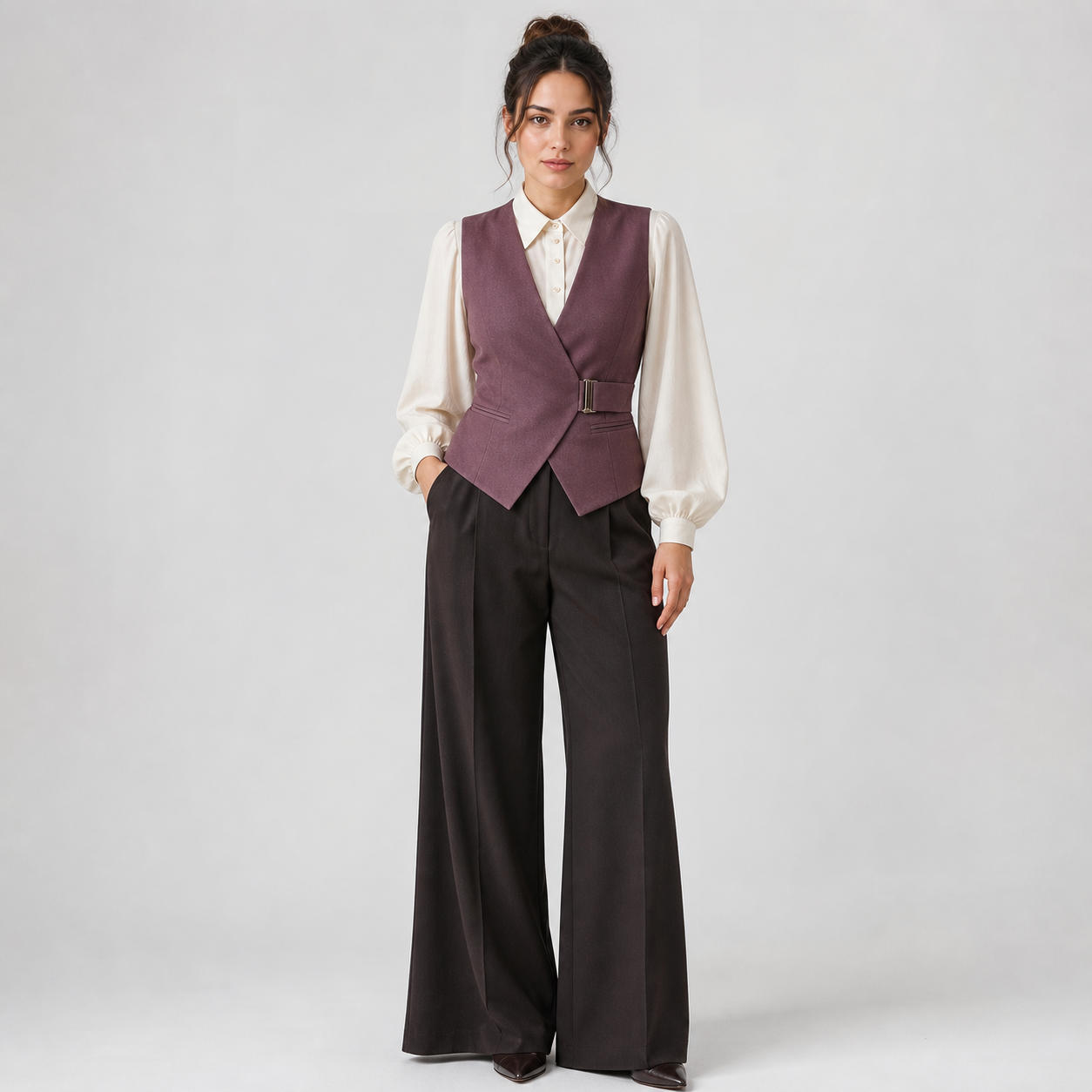 Elegant 3-Piece Ensemble with Tailored Vest, Bishop Sleeve Blouse, and Wide-Leg Pants