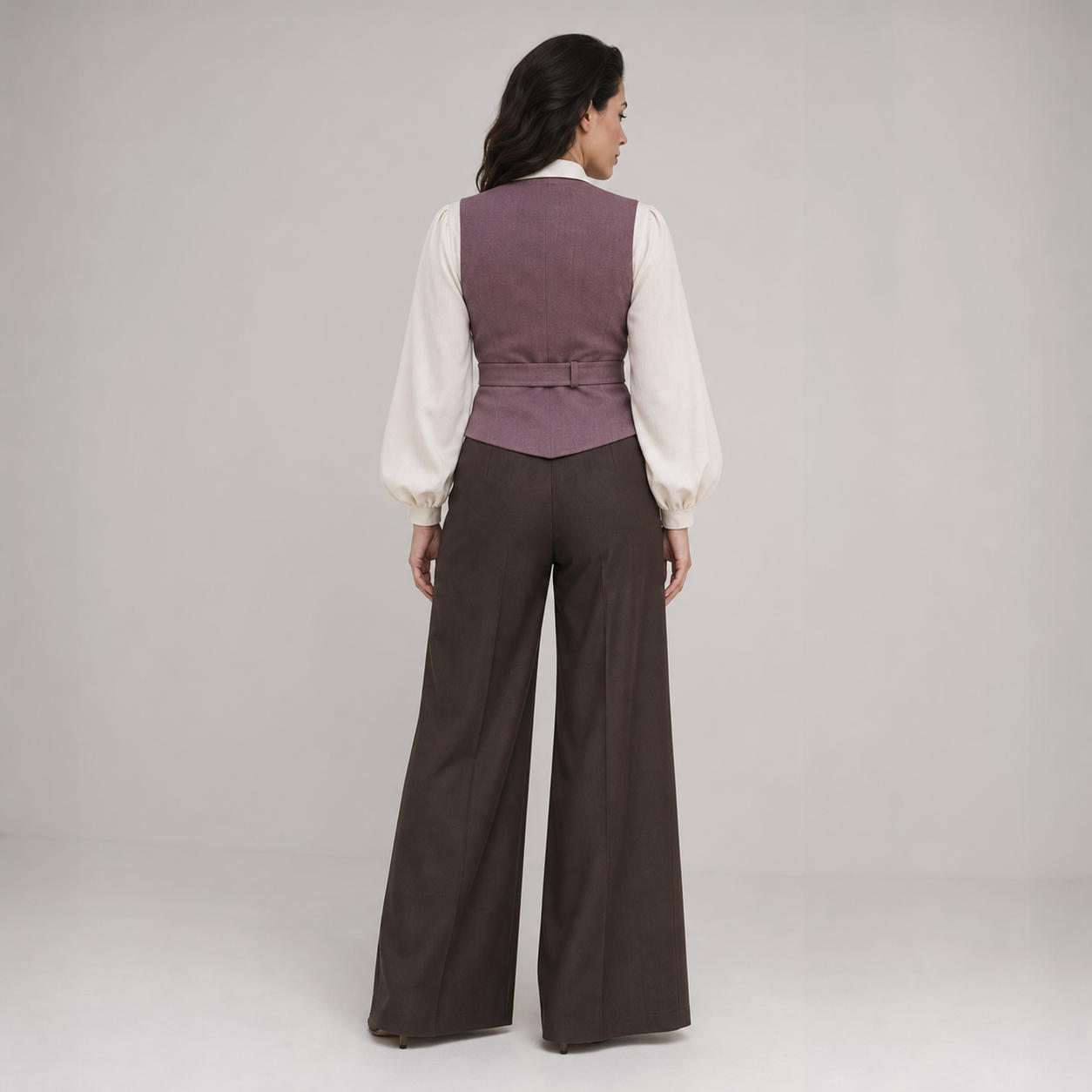 Elegant 3-Piece Ensemble with Tailored Vest, Bishop Sleeve Blouse, and Wide-Leg Pants – view 2