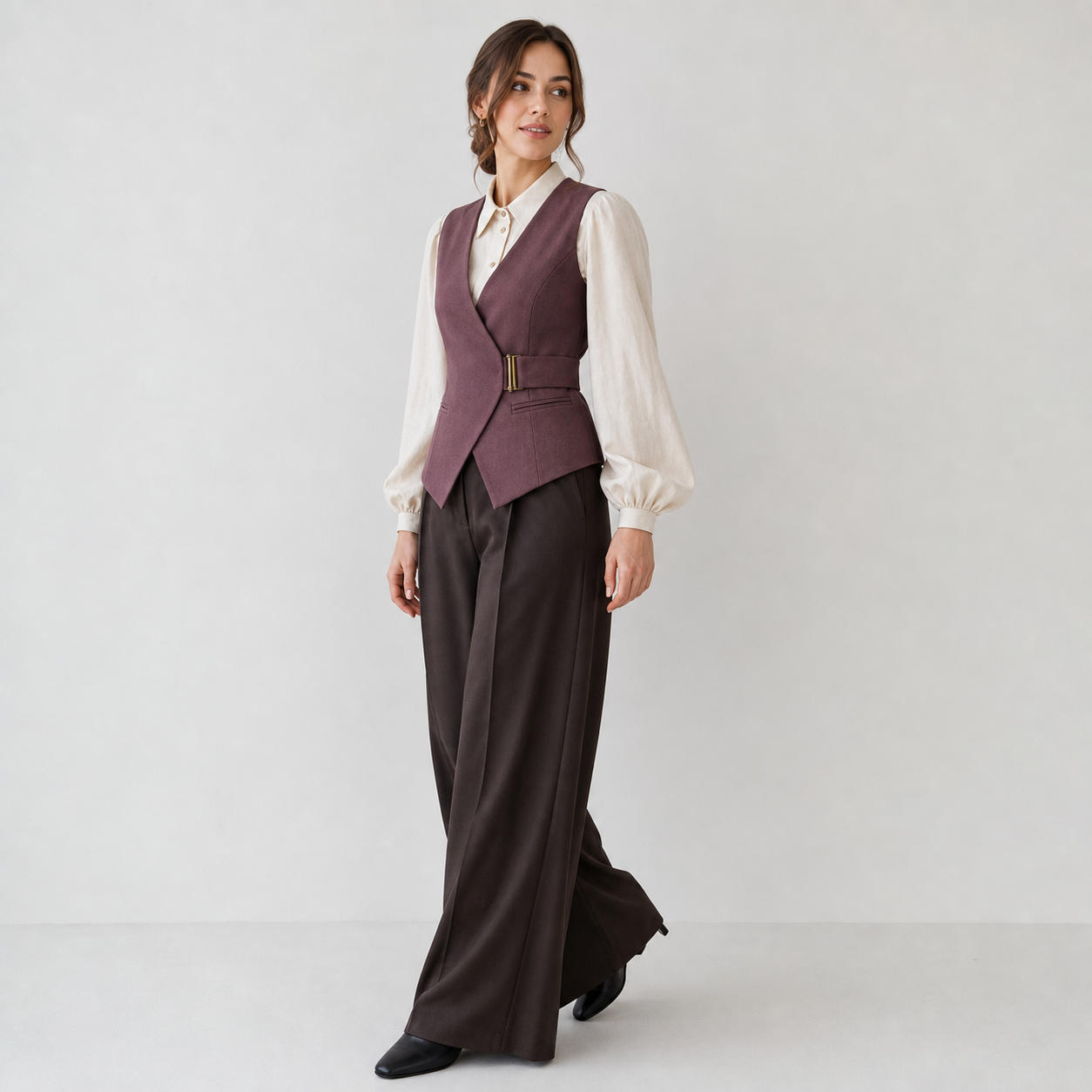 Elegant 3-Piece Ensemble with Tailored Vest, Bishop Sleeve Blouse, and Wide-Leg Pants – view 3