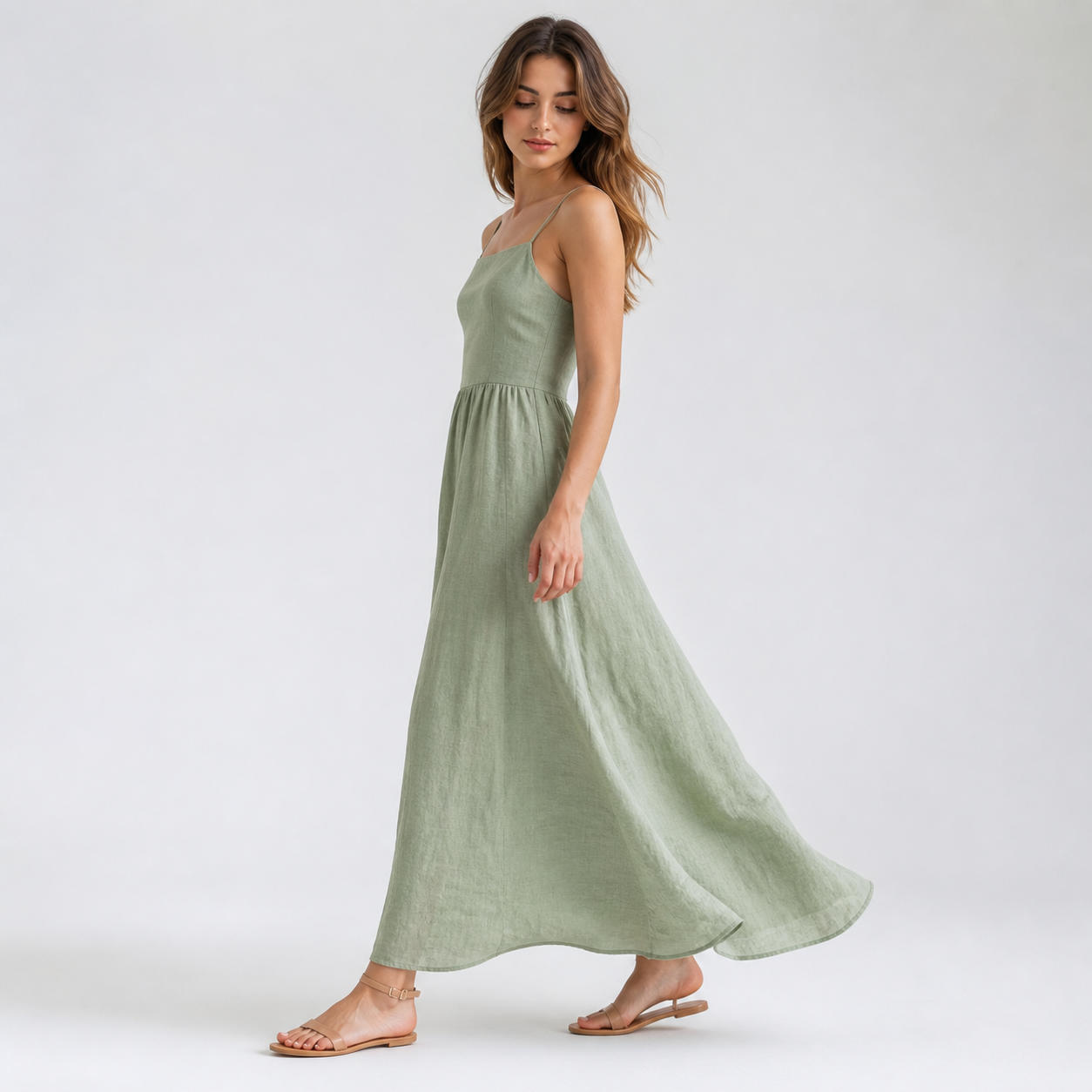 Simple Spaghetti Strap Linen Maxi Summer Dress – view 3