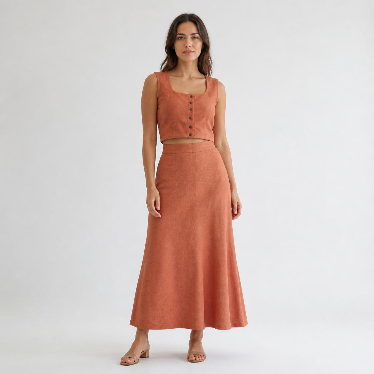 Linen Two-Piece Set with Buttoned Crop Top and A-Line Skirt