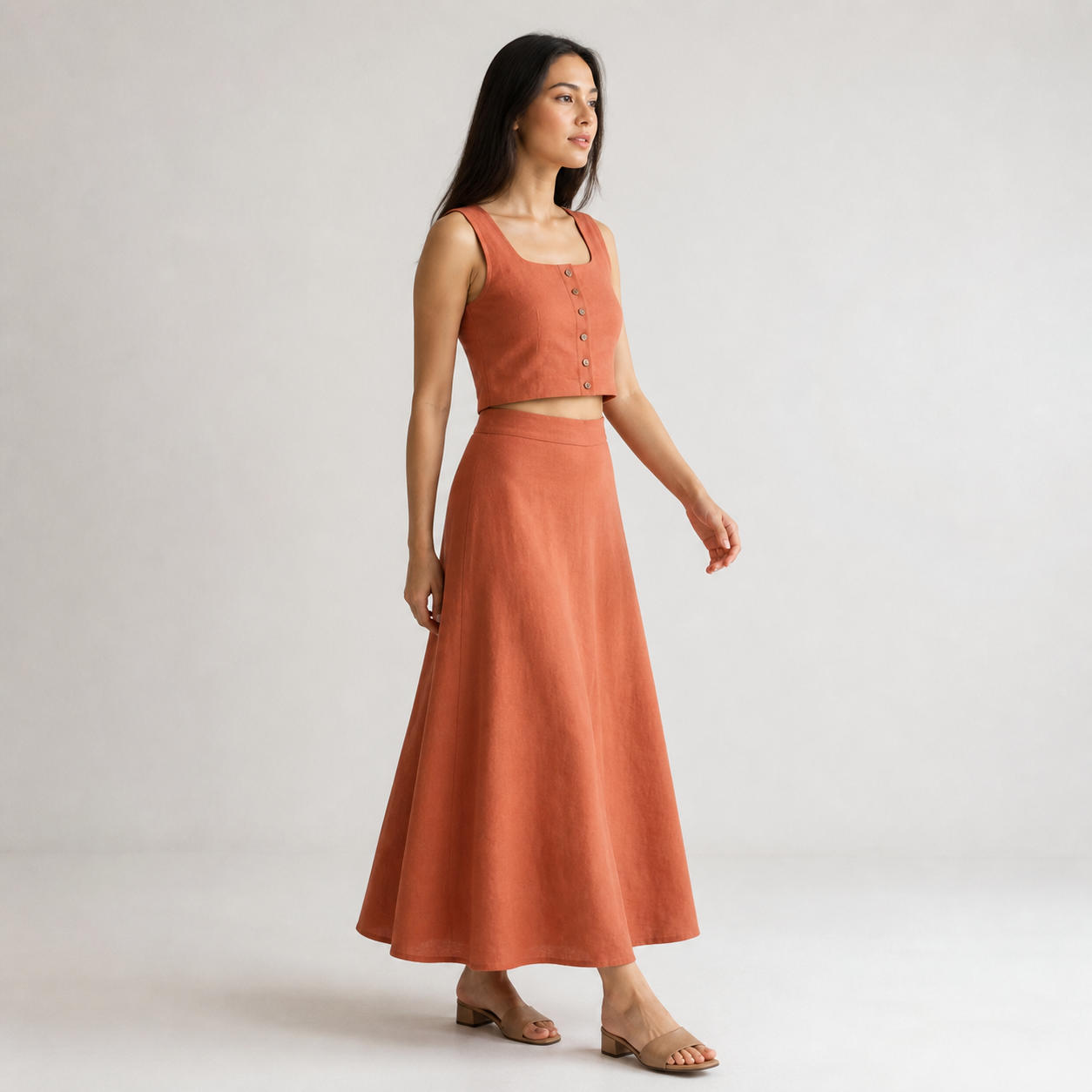 Linen Two-Piece Set with Buttoned Crop Top and A-Line Skirt – view 3