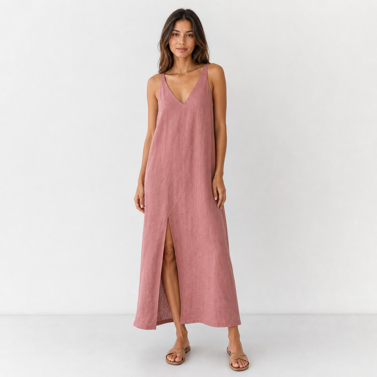 Sleeveless V-Neck Summer Midi Dress with Side Slit