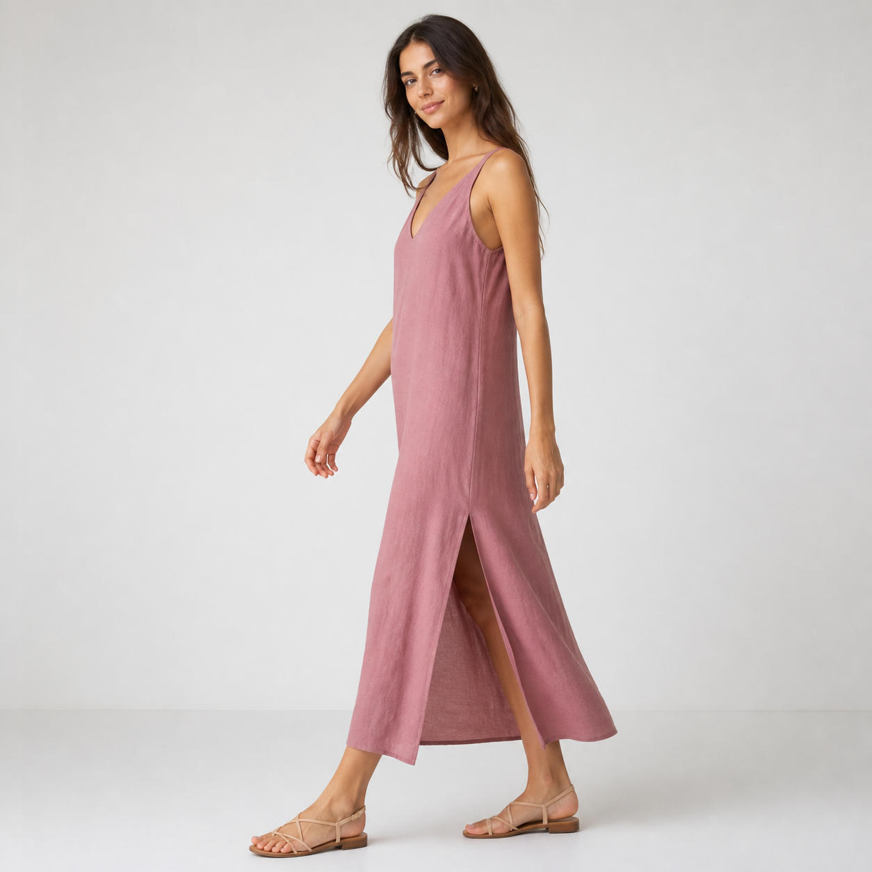 Sleeveless V-Neck Summer Midi Dress with Side Slit – view 3