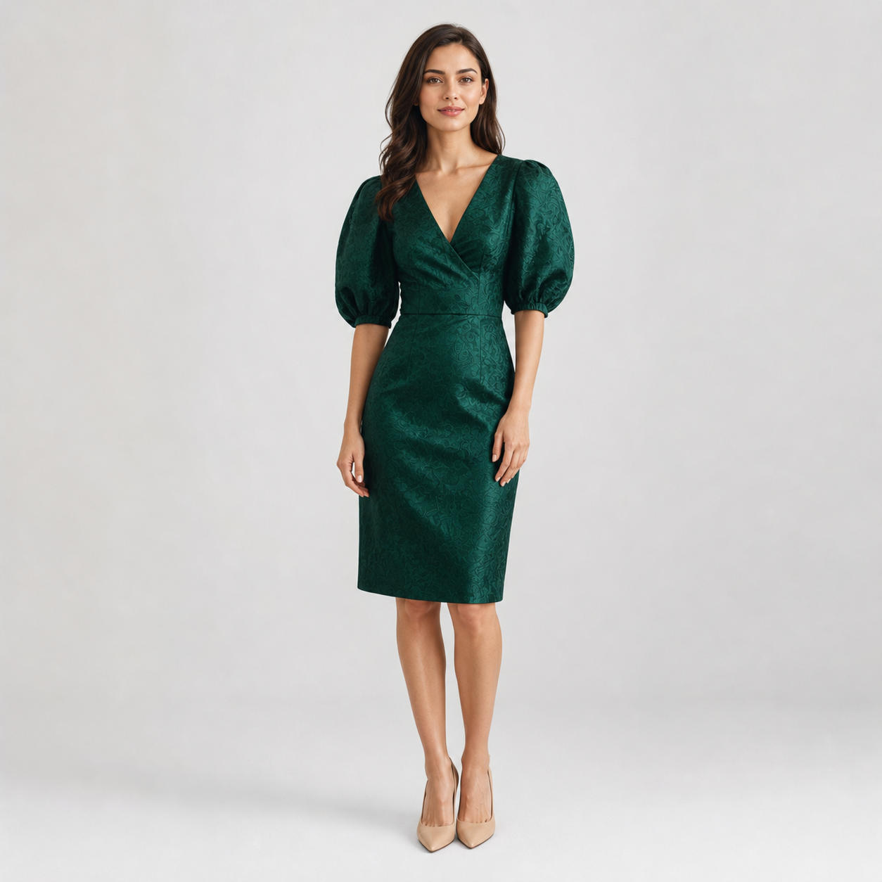 Straight V-Neck Formal Dress with Bishop Puff Sleeves