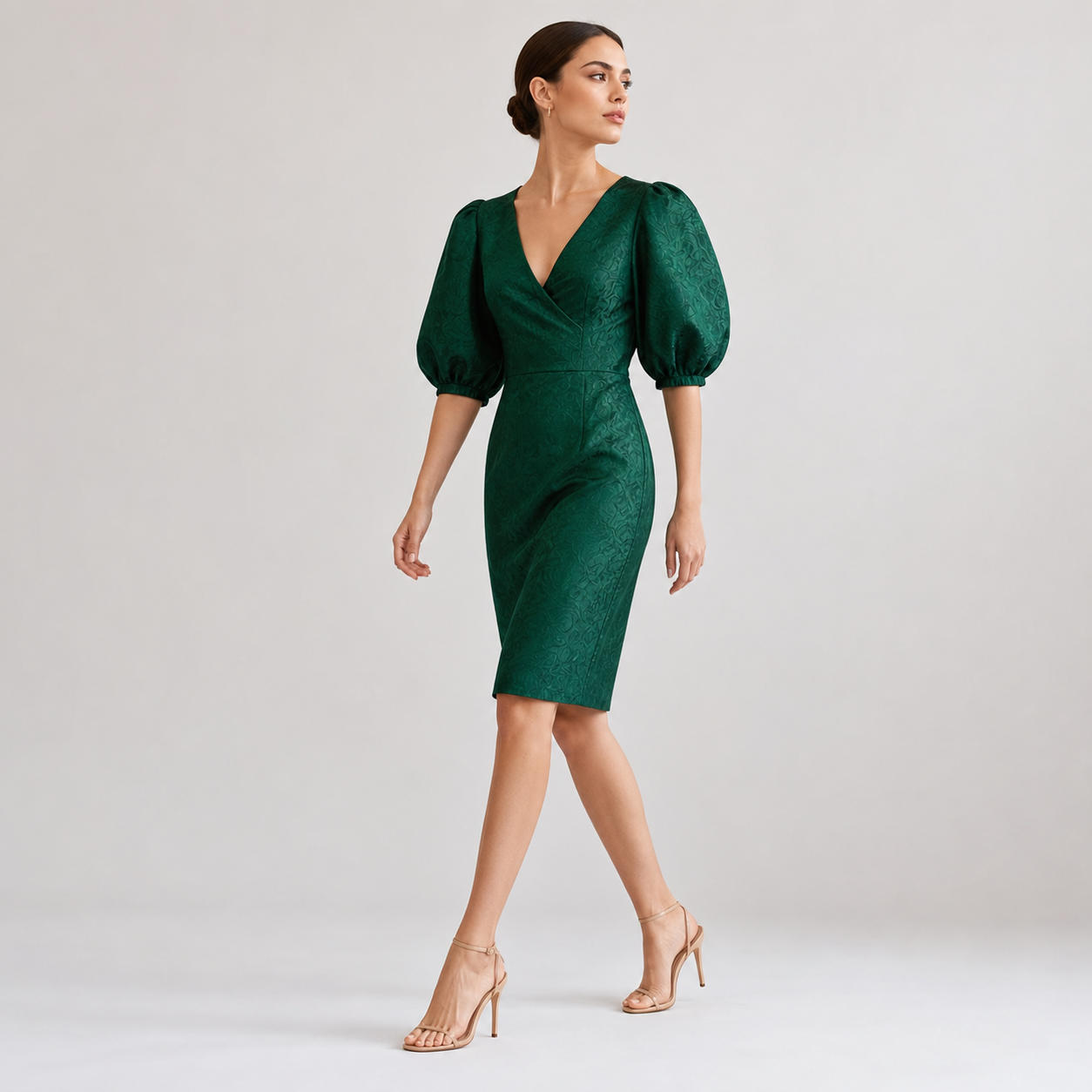 Straight V-Neck Formal Dress with Bishop Puff Sleeves – view 3