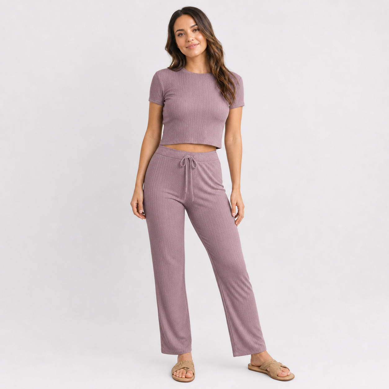 Two-Piece Loungewear Set with Short Sleeve Crop Top and Pants