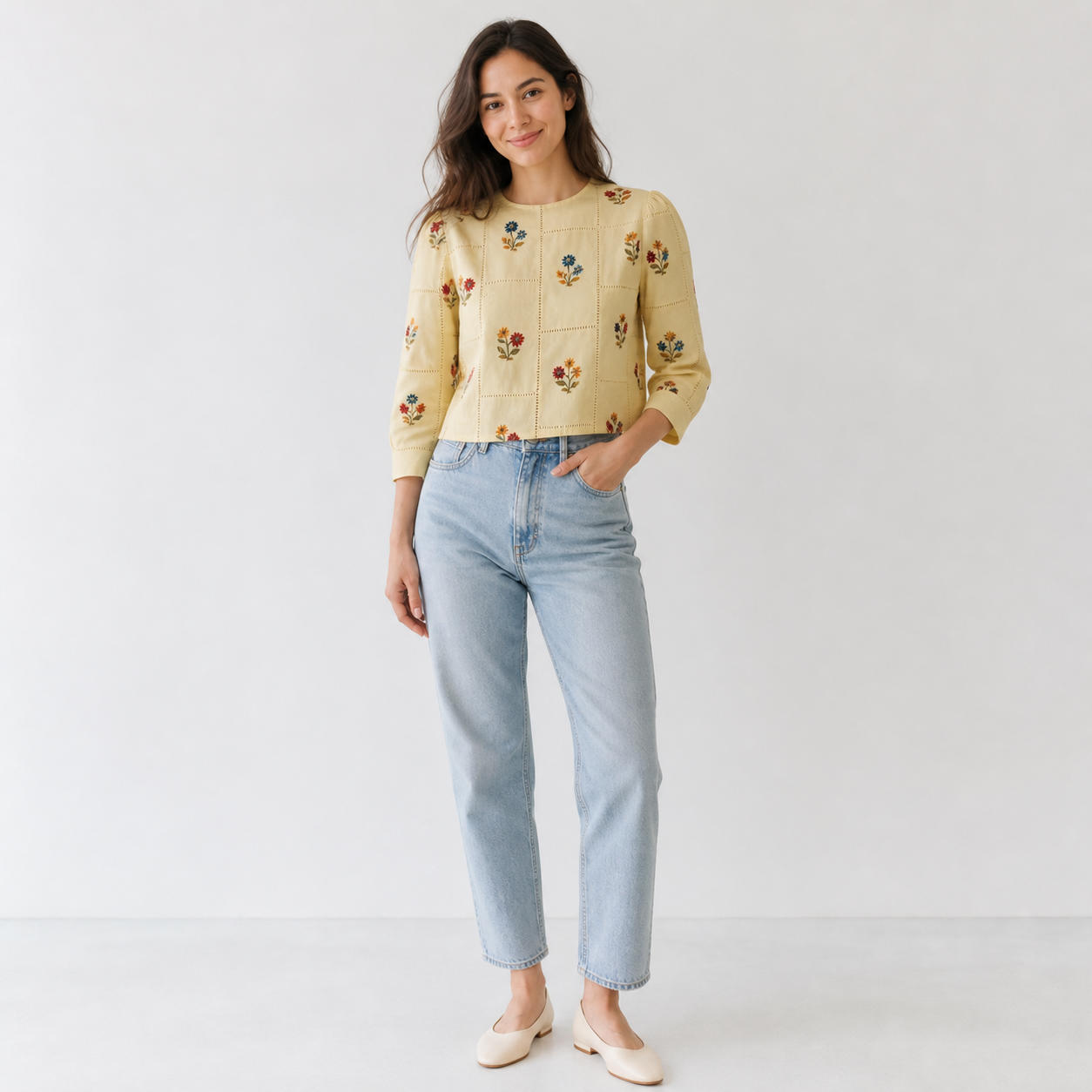 Crop Blouse with 3/4 Puff Sleeves and Back-Button Closure
