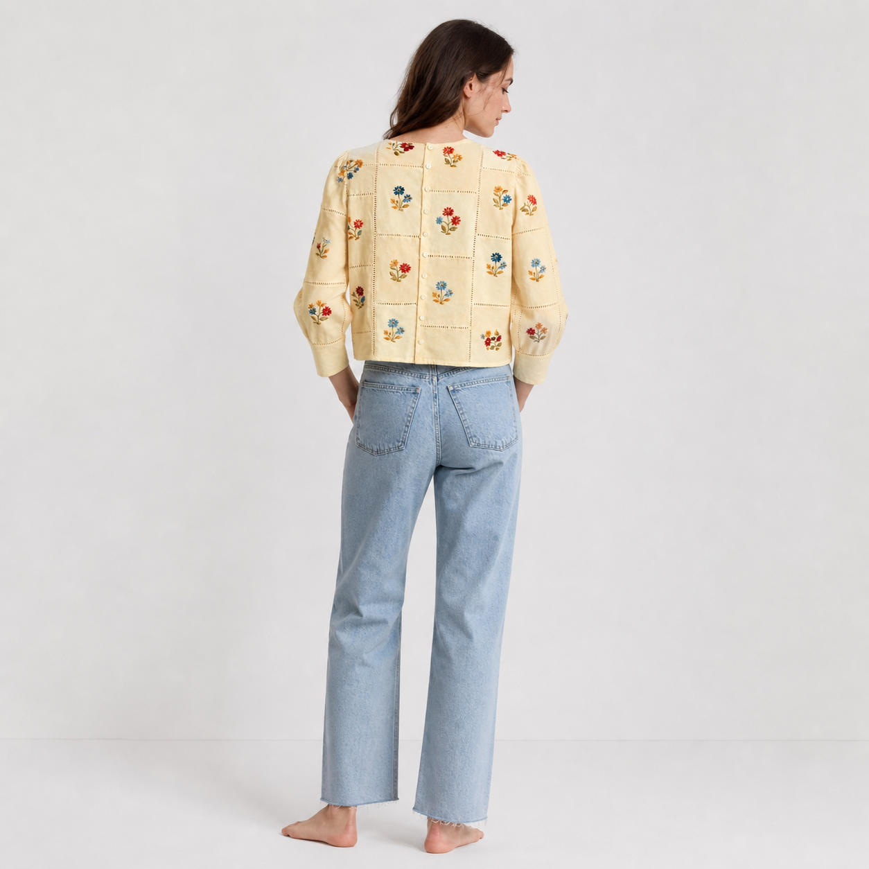 Crop Blouse with 3/4 Puff Sleeves and Back-Button Closure – view 2