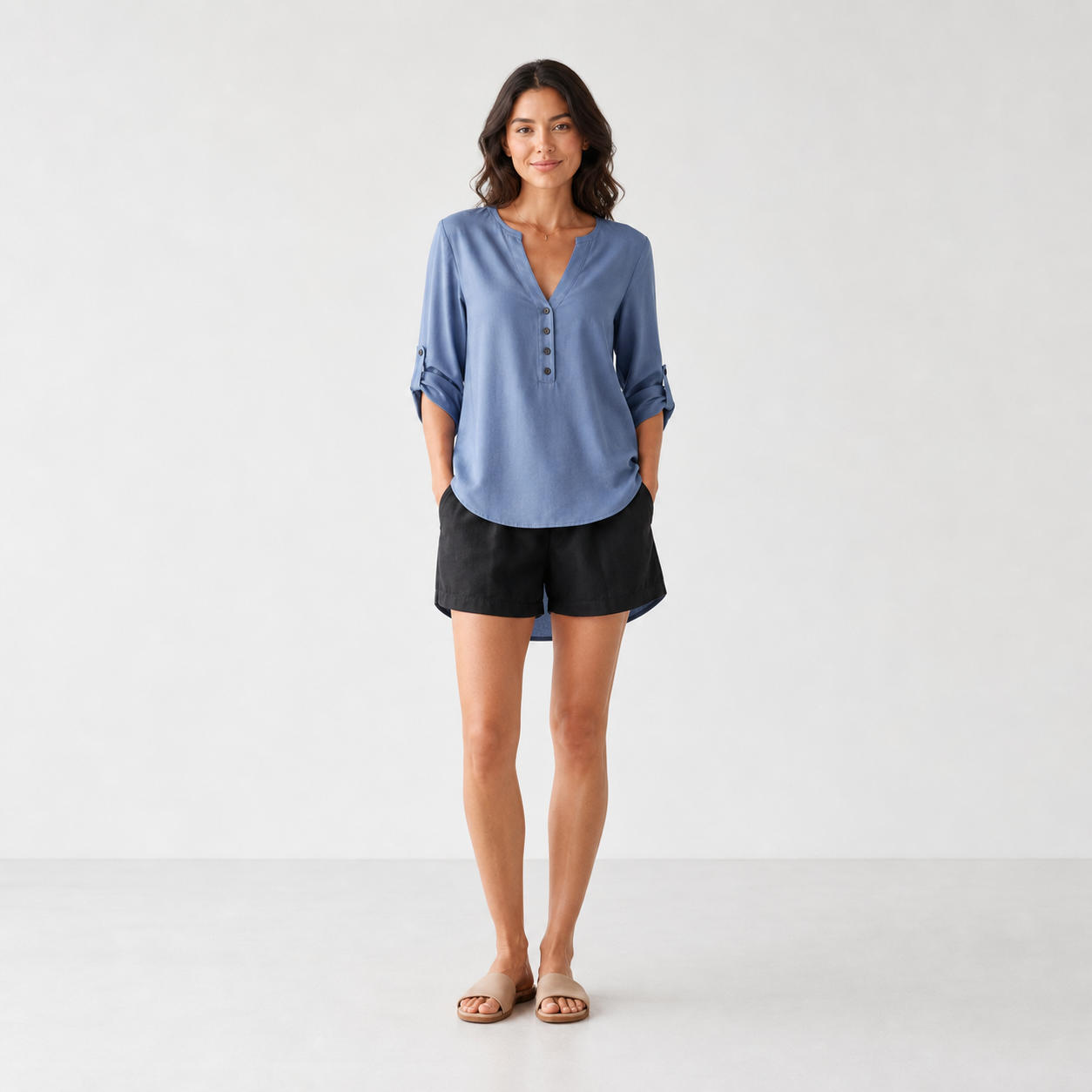 Loose Asymmetrical Linen Button-Front Tunic Blouse