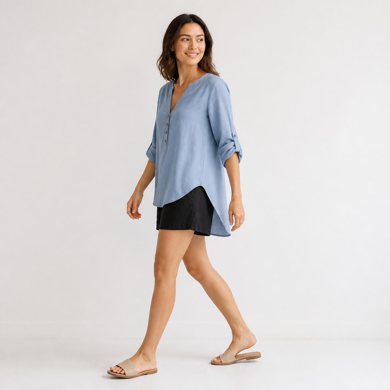 Loose Asymmetrical Linen Button-Front Tunic Blouse – view 3