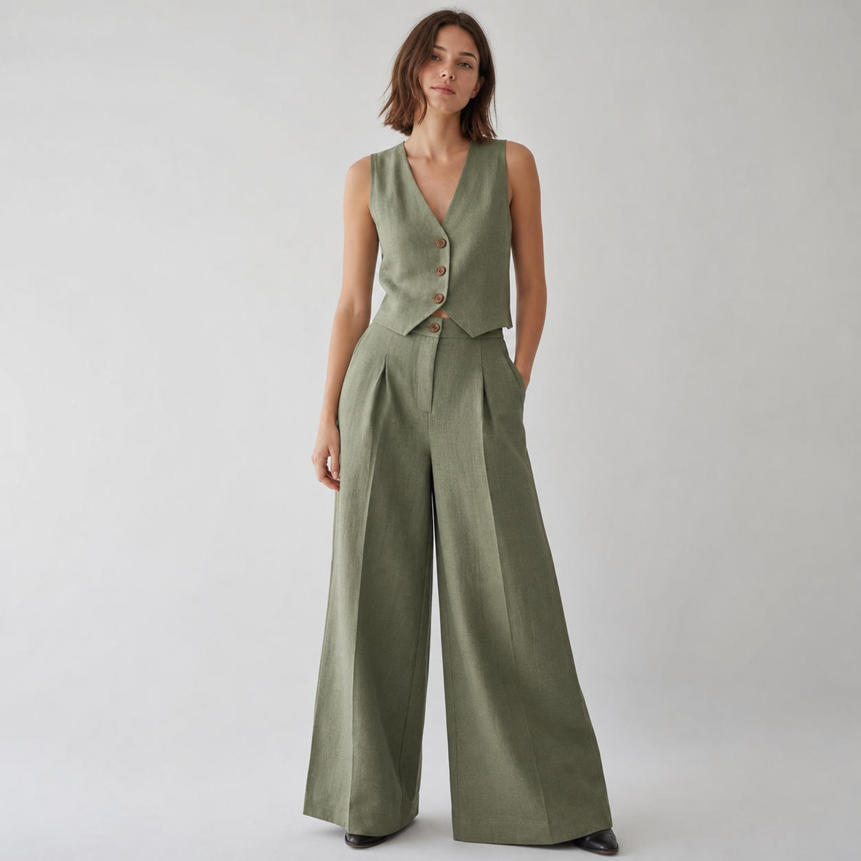 Minimalist Linen Set with V-Neck Vest and Palazzo Pants