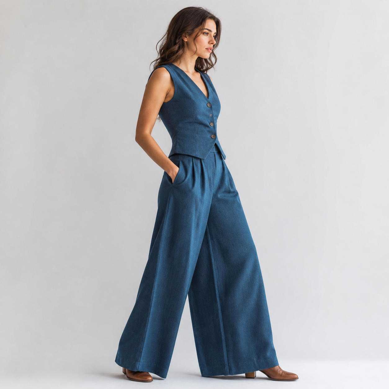 Two-Piece Linen Outfit with Tailored Vest and Palazzo Trousers – view 3