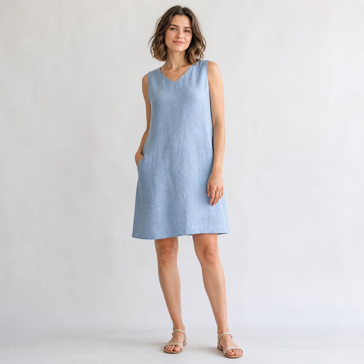 Simple Sleeveless V-Neck Linen Summer Dress
