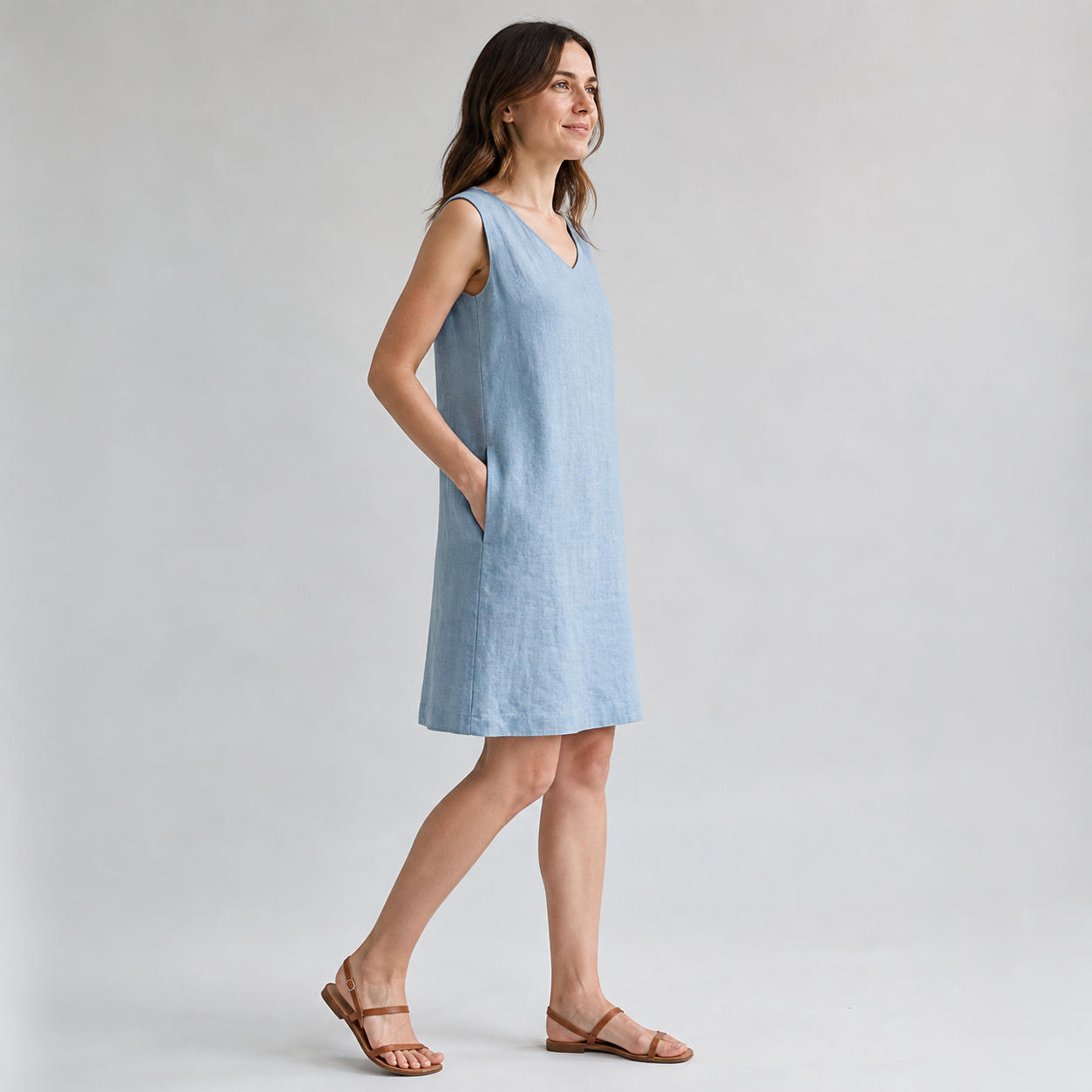 Simple Sleeveless V-Neck Linen Summer Dress – view 3