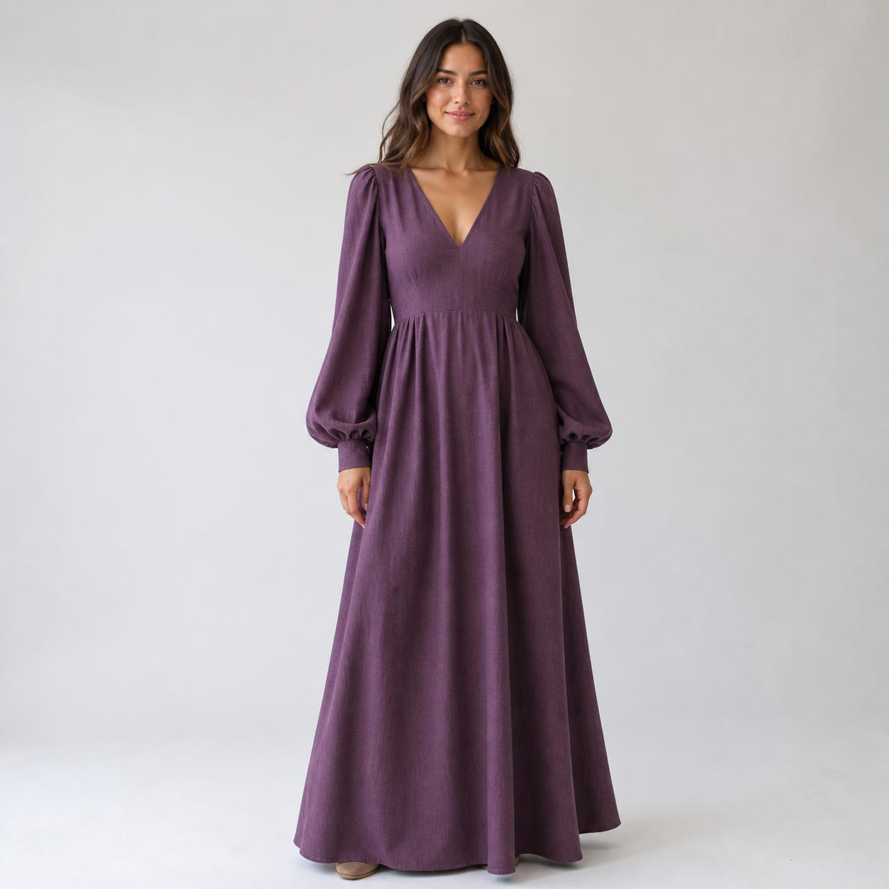 Deep V-Neck Elegant Maxi Dress with Bishop Sleeves