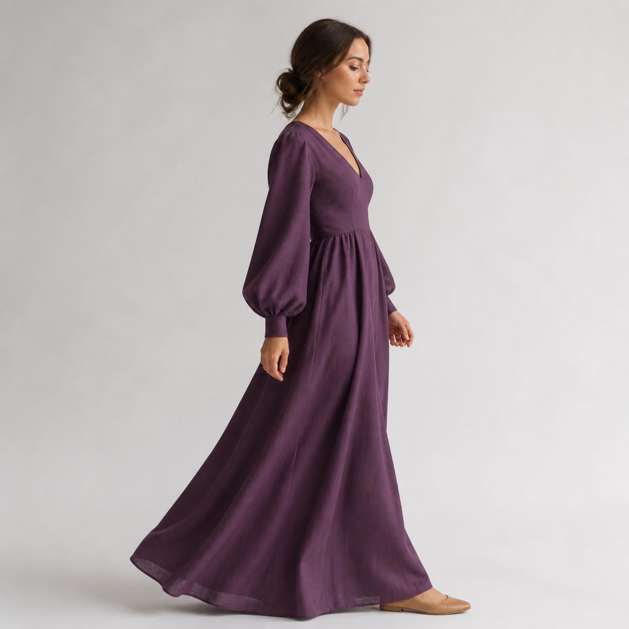 Deep V-Neck Elegant Maxi Dress with Bishop Sleeves – view 3